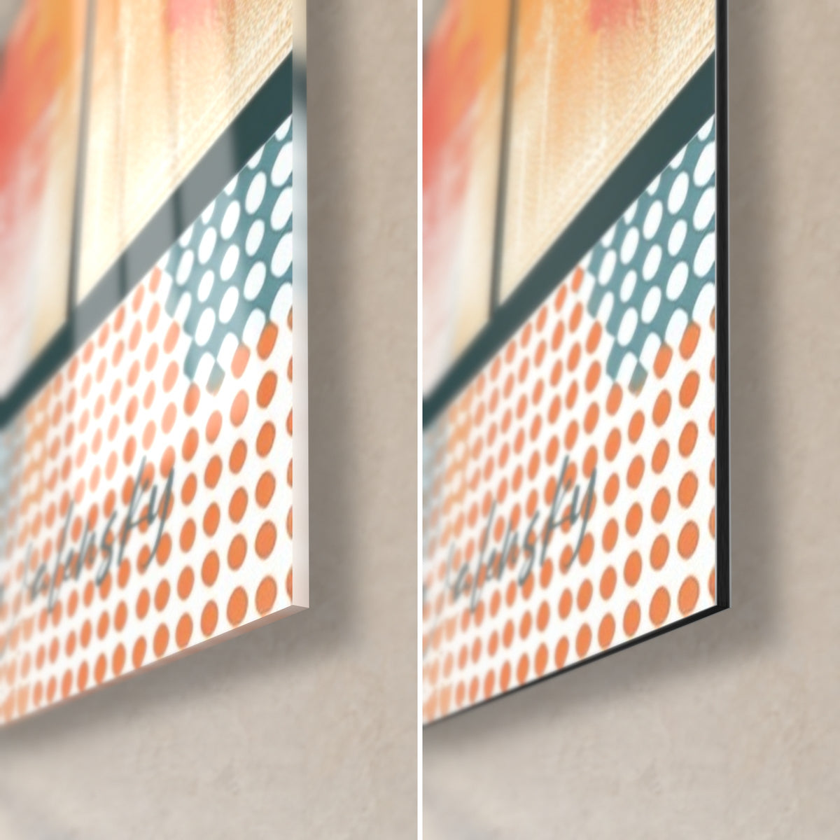 Tableau architecture abstraite, coin bas droit : points orange et gris sur fond clair, verre brillant et Dibond mat, tranche noire