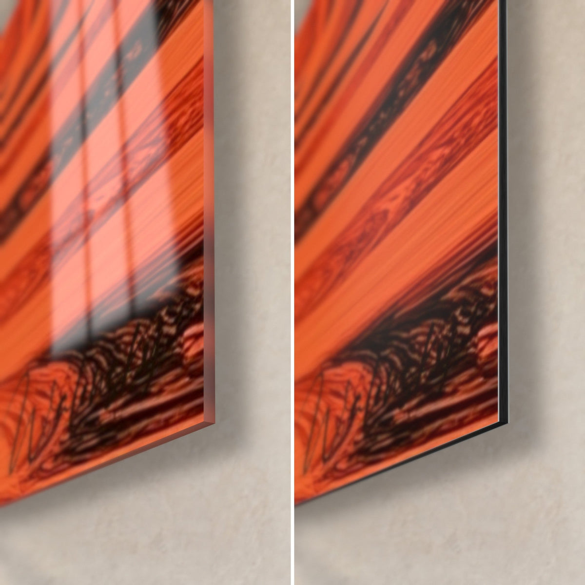 Schilderij van een boogcorridor in oranje en zwart, rechtsonder: glanzend acrylglas met reflecties, mat Dibond-aluminium, 3 mm dik