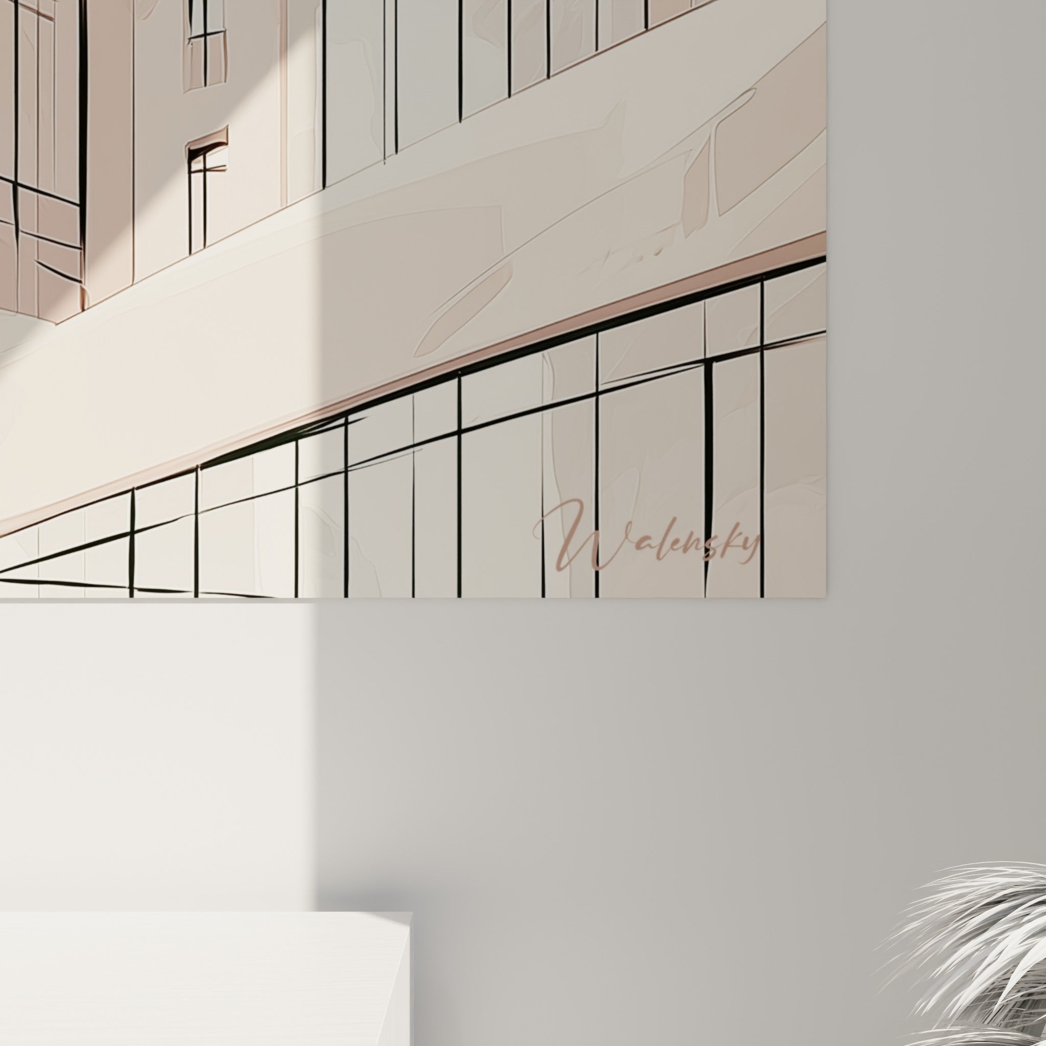 Traits noirs précis sur aplats rose poudré et beige crème, texture picturale visible en gros plan sur le tableau