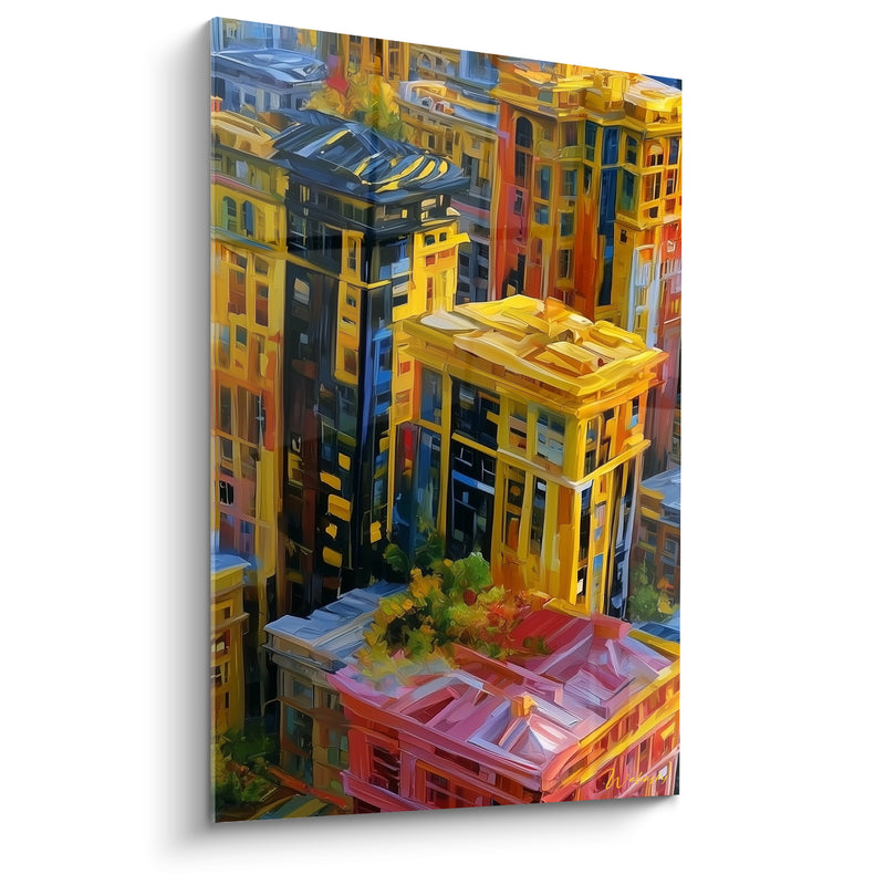 Tableau Toits jaune et rose aux arbustes verdoyants - Vue plongeante urbaine - Edition Architecture abstrait