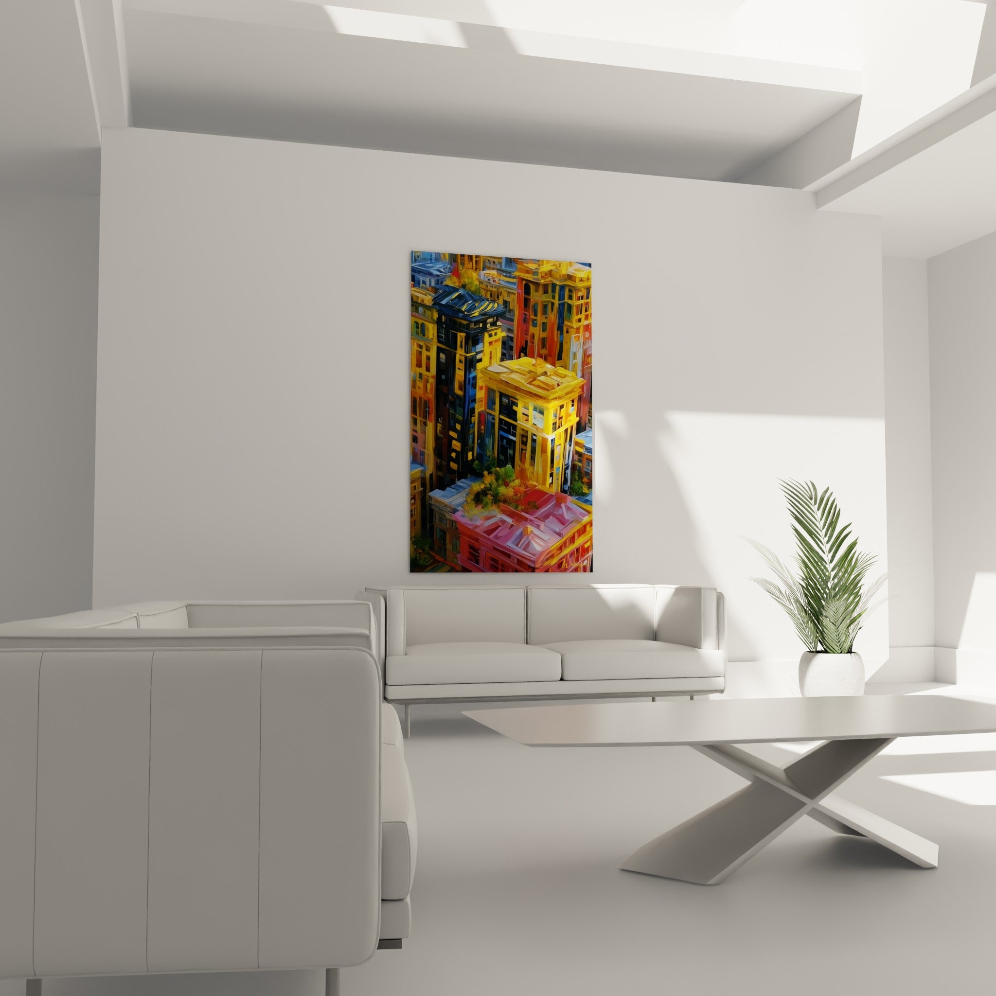 Toits colorés en jaune et rose de cette architecture abstraite au-dessus d'un canapé dans un salon lumineux