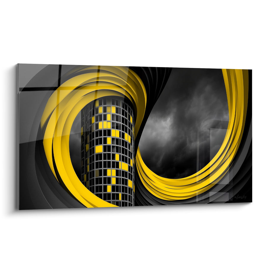 Drehtableau Gelb und Schwarz mit wirbelnden Voluten – Sturmiges Himmelsbild im Hintergrund – Architektur Edition Abstrakt