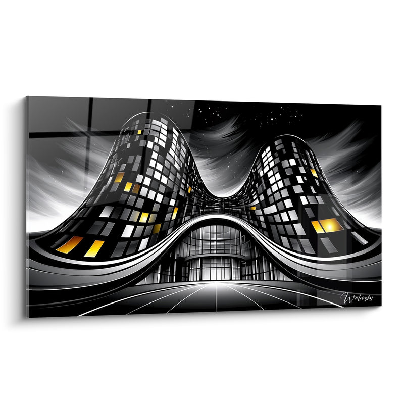 Wavy Building Painting Black and Gold - Nocturnal Urban Vertigo - Abstract Architecture Edition