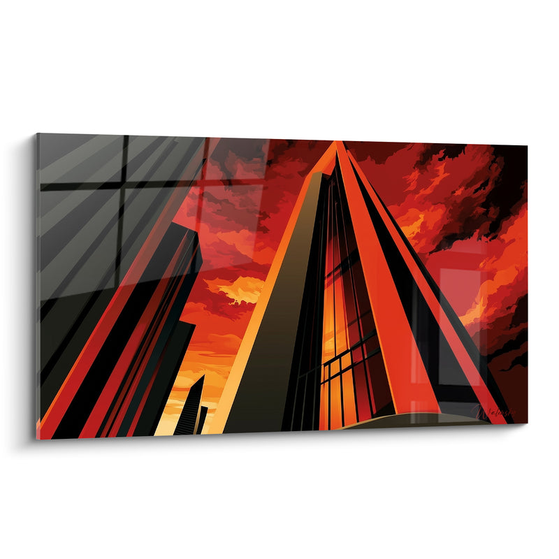 Tableau Gratte-ciel rouge et noir au ciel embrasé - Ciel en flammes - Edition Architecture abstrait