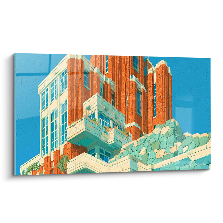 Tableau Immeuble terracotta et bleu ciel stylisé - Élan vers le ciel - Edition Architecture abstrait