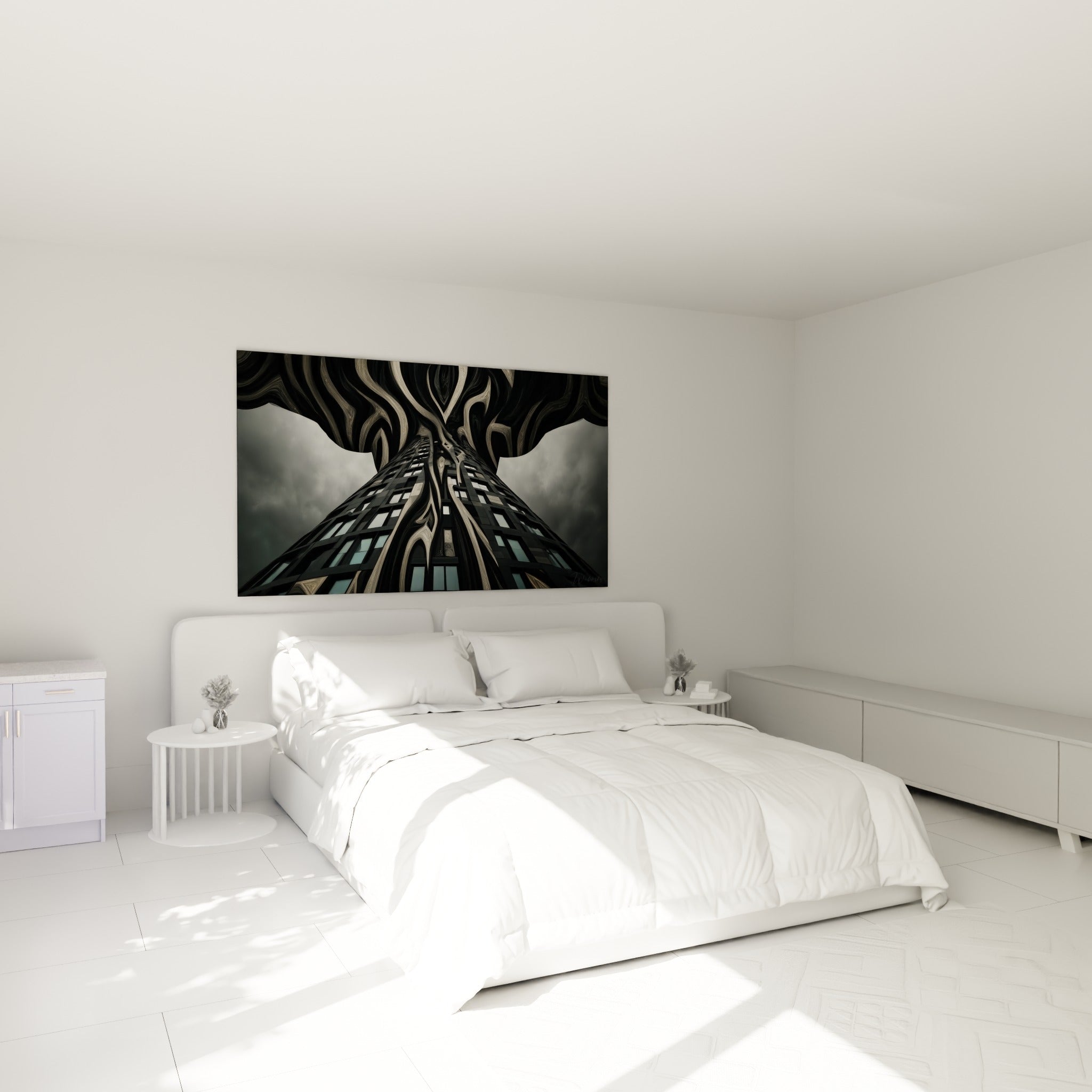 Gratte-ciel torsadé noir et beige de cette architecture abstraite, accroché au-dessus d'un lit dans une chambre claire