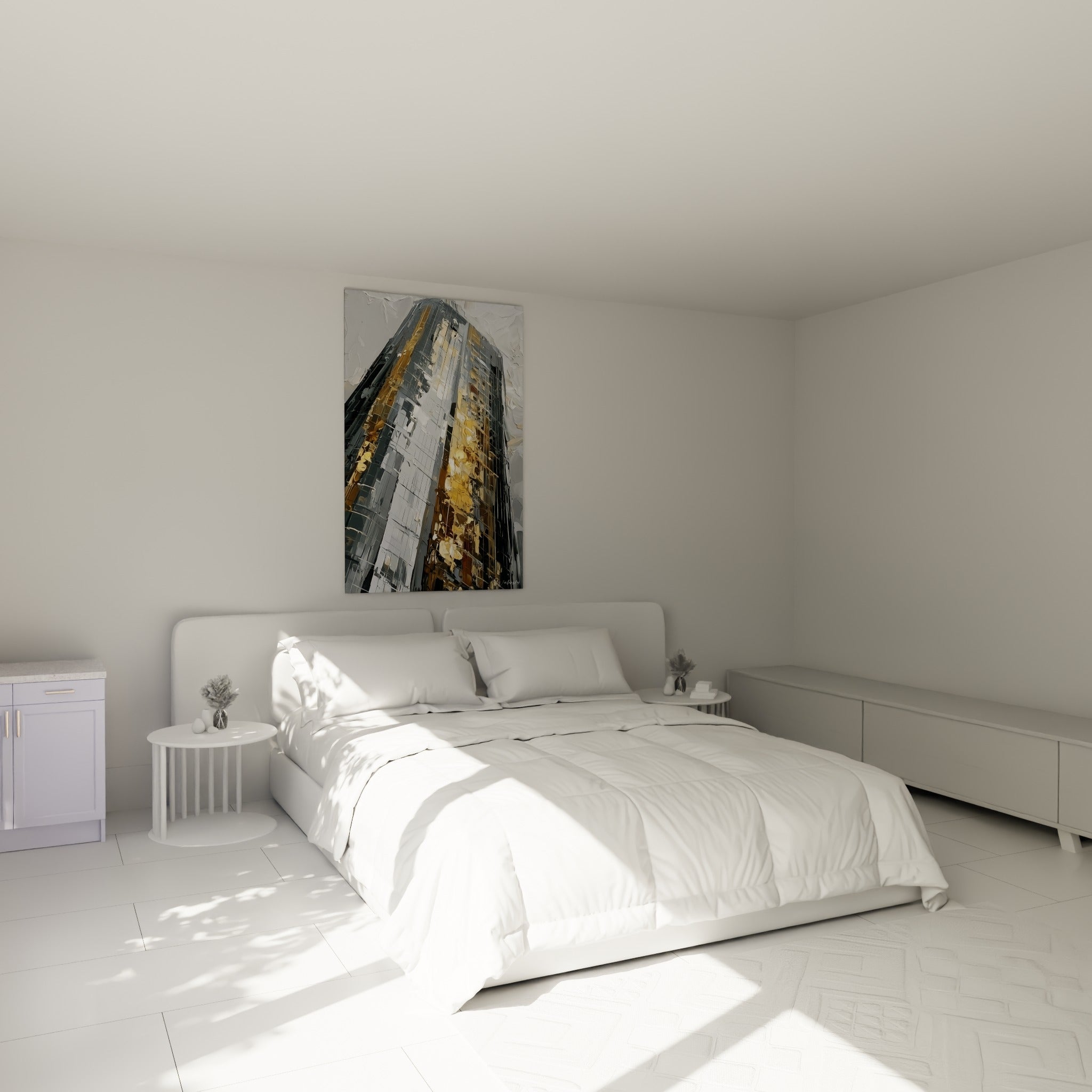 Tour vitrée grise et dorée aux reflets lumineux, tableau architecture abstraite au-dessus d'un lit dans une chambre claire