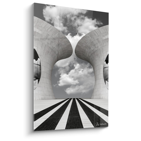 Cuadro Torres gemelas blancas y grises entrelazadas hacia el cielo - Suelo empedrado rayado - Edición Arquitectura abstracta