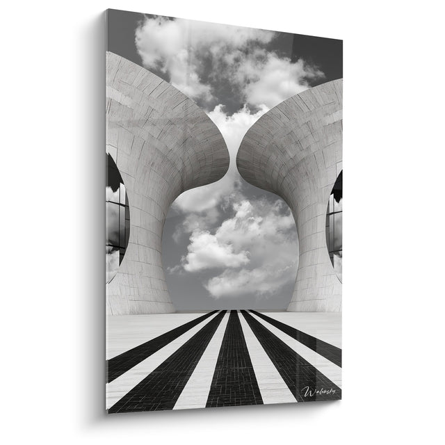 Dipinto Gemelle Torri Bianche e Grigie Intrecciate Verso il Cielo - Pavimento Acciottolato Strisciato - Edizione Architettura Astratta
