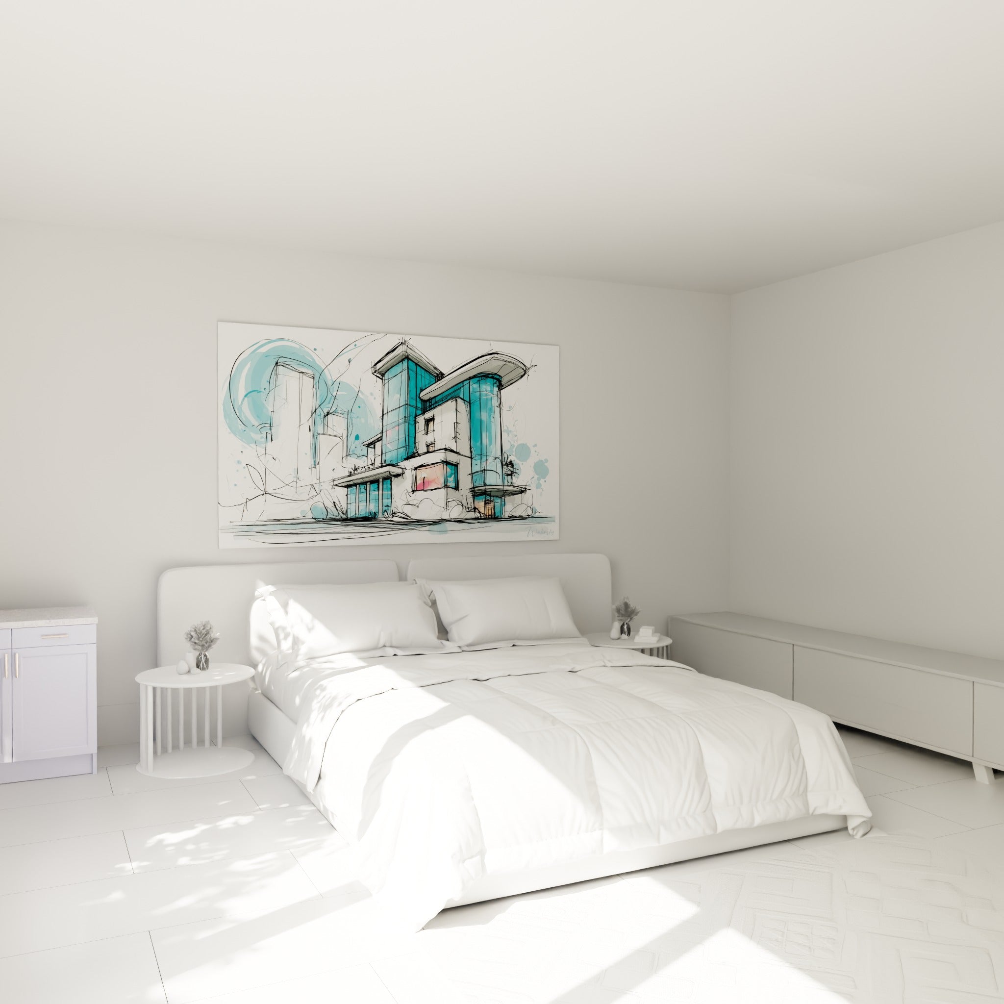 Bâtiment turquoise et blanc croqué à main levée, accroché au-dessus d'un lit dans une chambre claire
