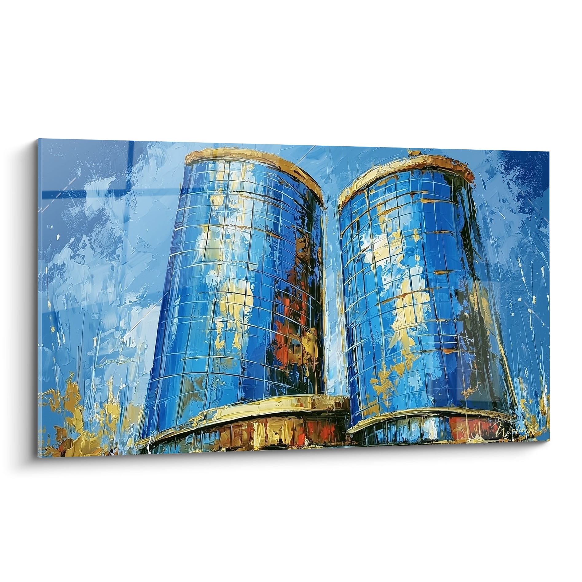 Deux tours cylindriques bleu marine et dorées, façades vitrées peintes au couteau, ciel bleu texturé