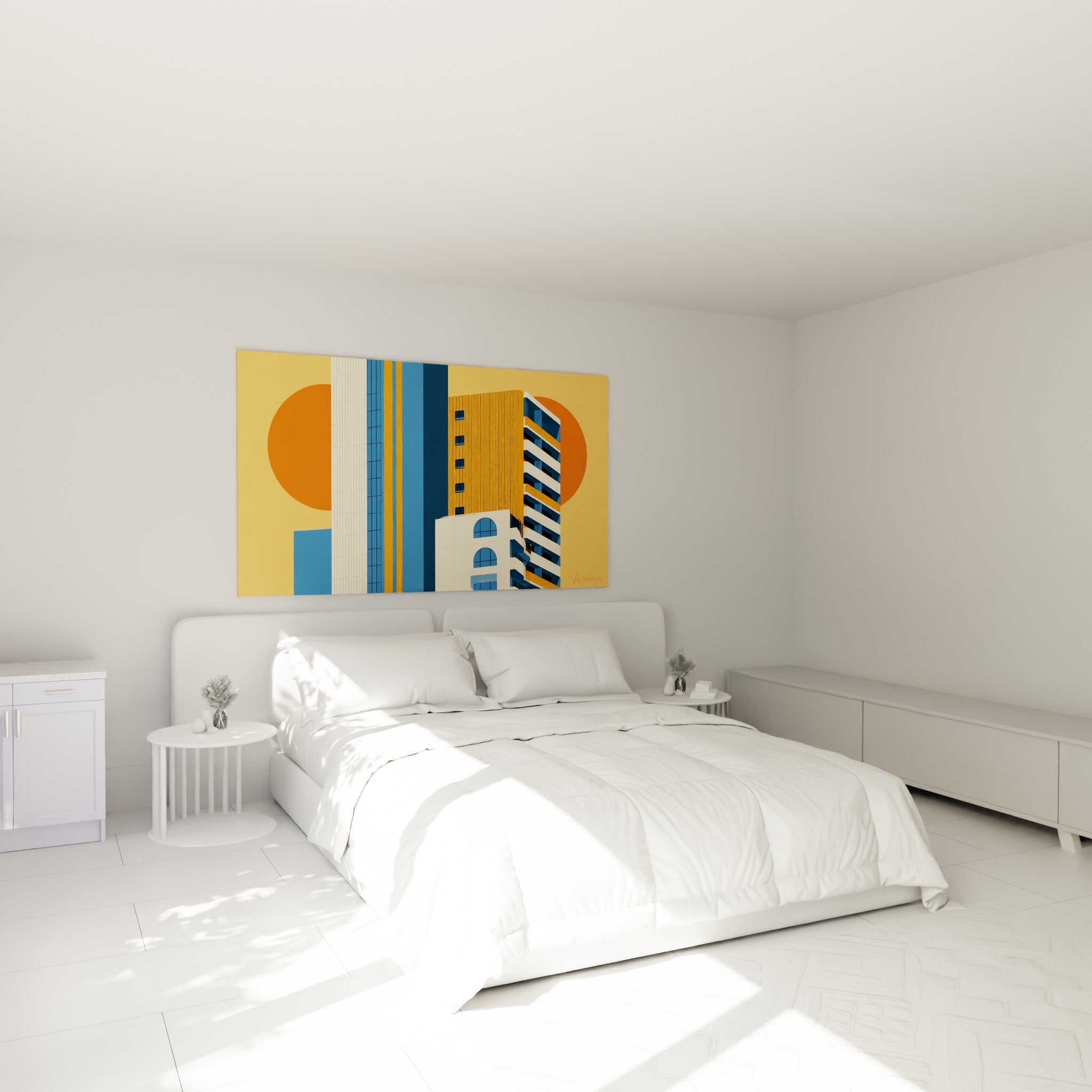 Tours ocre et bleu marine aux fenêtres en arc, au-dessus d'un lit dans une chambre claire