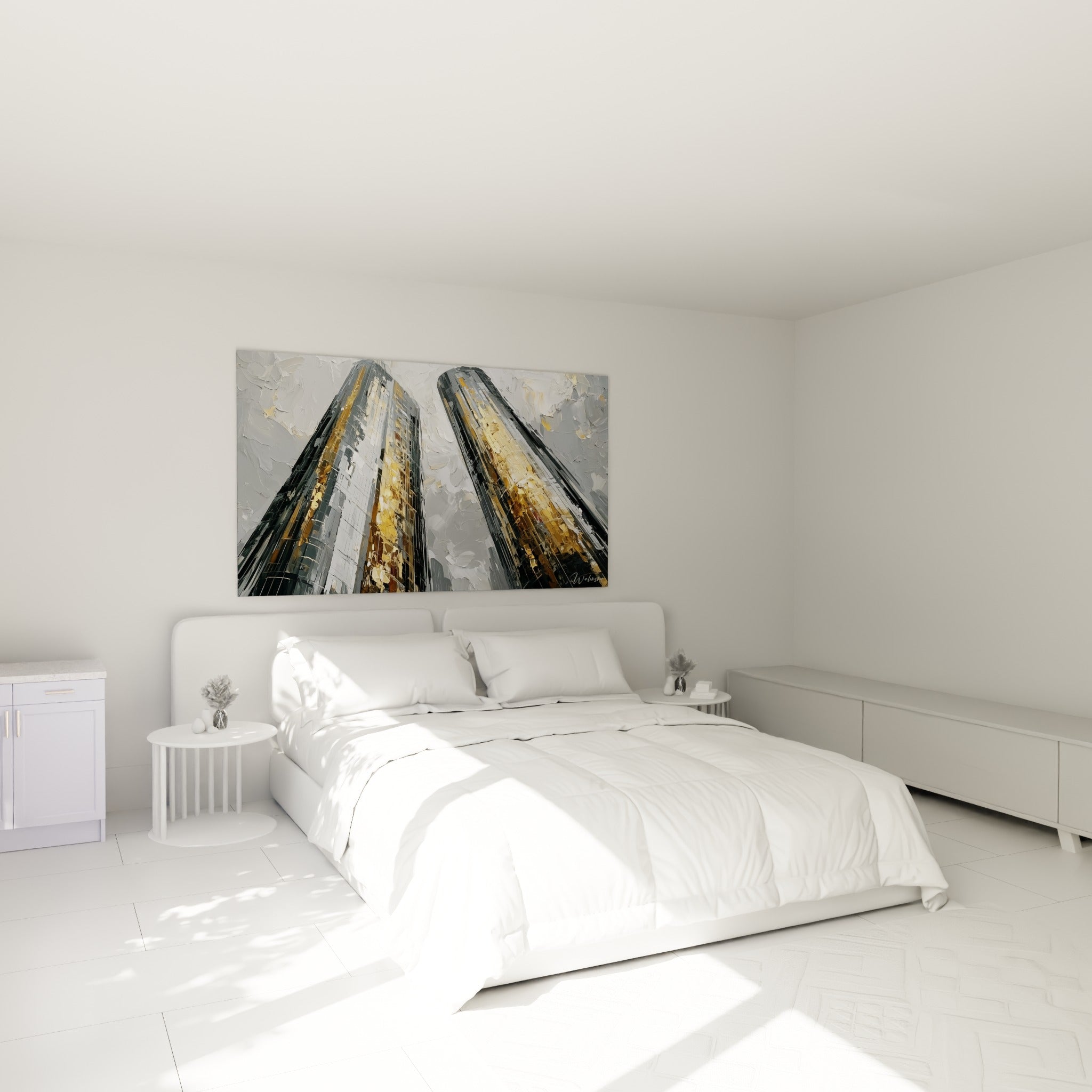 Tours dorées et grises jaillissant vers le ciel, accrochées au-dessus d'un lit dans une chambre claire
