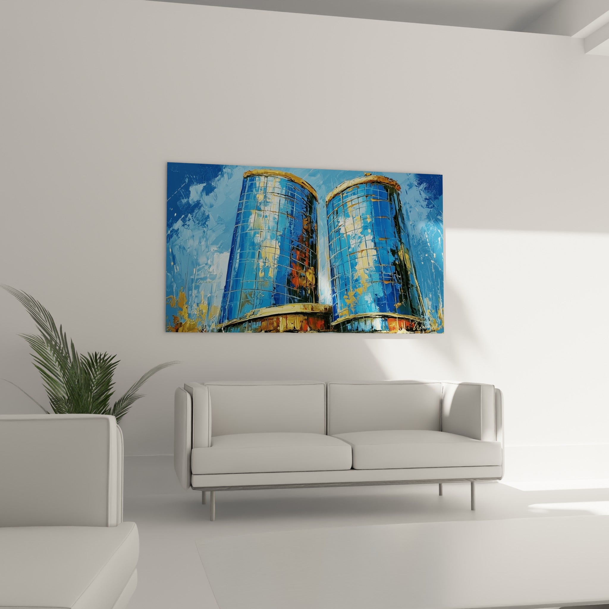 Architecture urbaine bleue et dorée, tours jumelles au geste expressif, au-dessus d'un canapé dans un salon lumineux