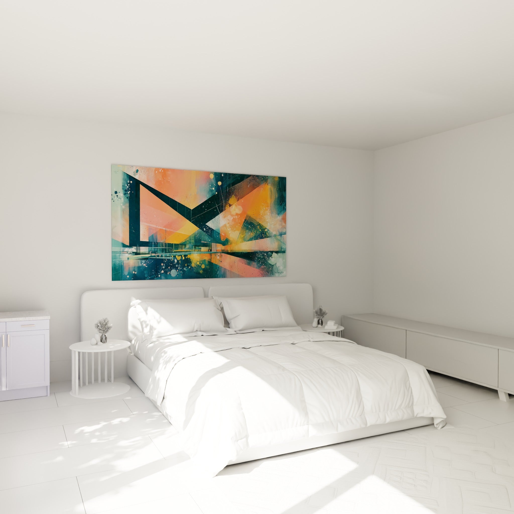 Formes géométriques corail et bleu marine de cette architecture abstraite au-dessus d'un lit dans une chambre claire