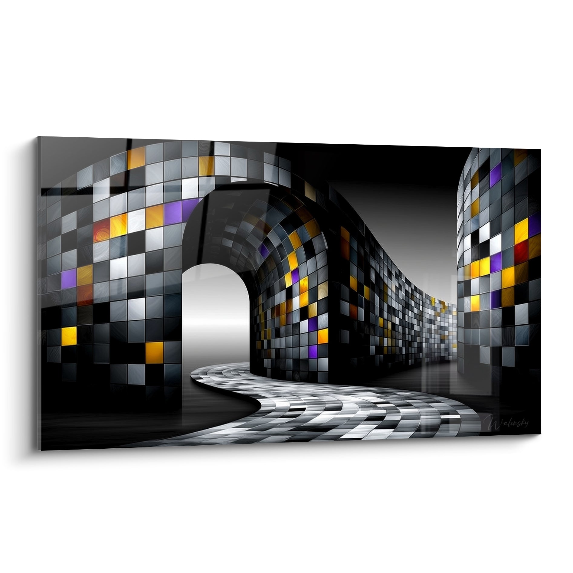 Architecture abstraite en tunnel de mosaïque grise et dorée avec touches violettes