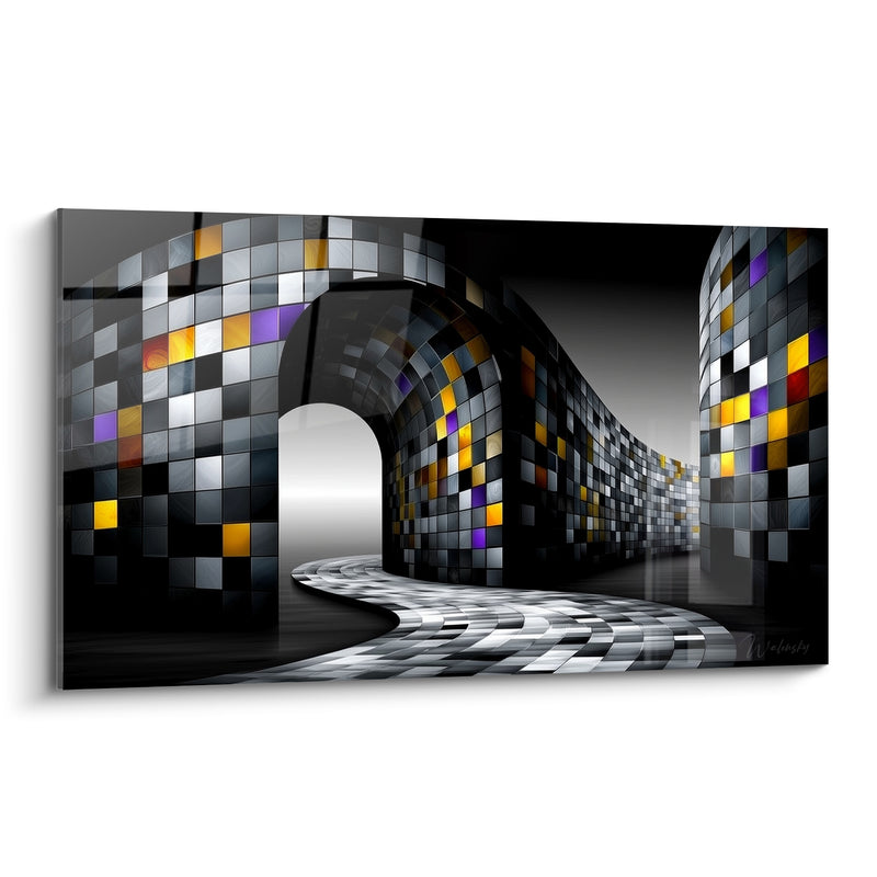 Tableau Tunnel mosaïque gris et doré aux carreaux ondulants - Voûte pixelisée violette - Edition Architecture abstrait