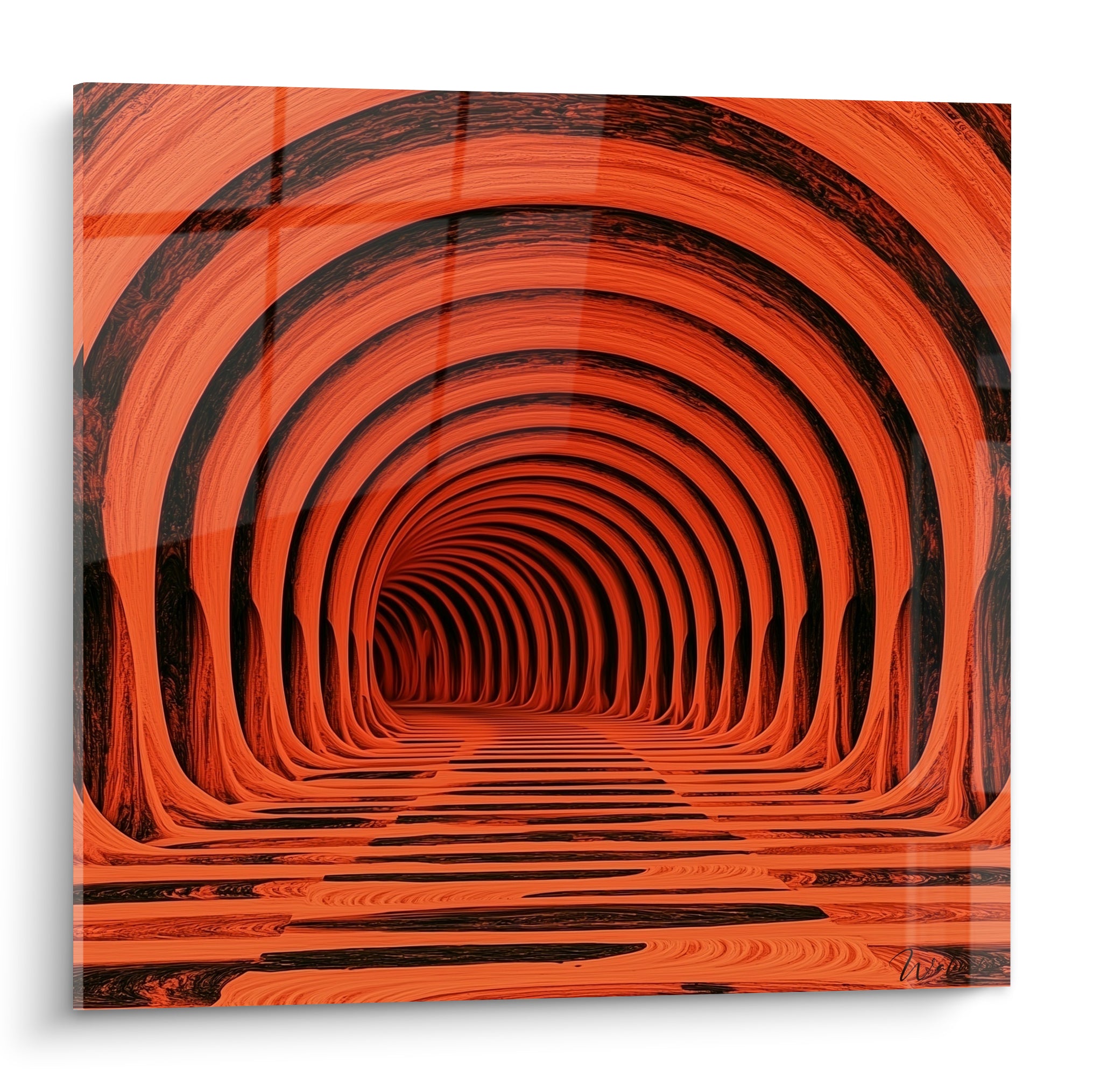 Tunnel aux arches concentriques orange vif et anthracite profond, effet de perspective infinie hypnotique
