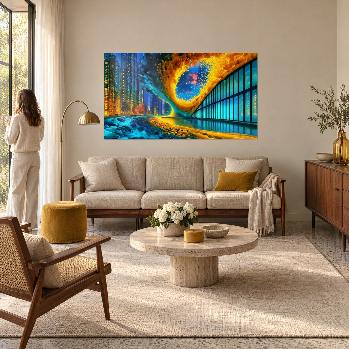 Tableau déferlante turquoise et or enroulée autour d'un ciel étoilé, tours de verre éclairées, au-dessus d'un canapé dans un salon lumineux