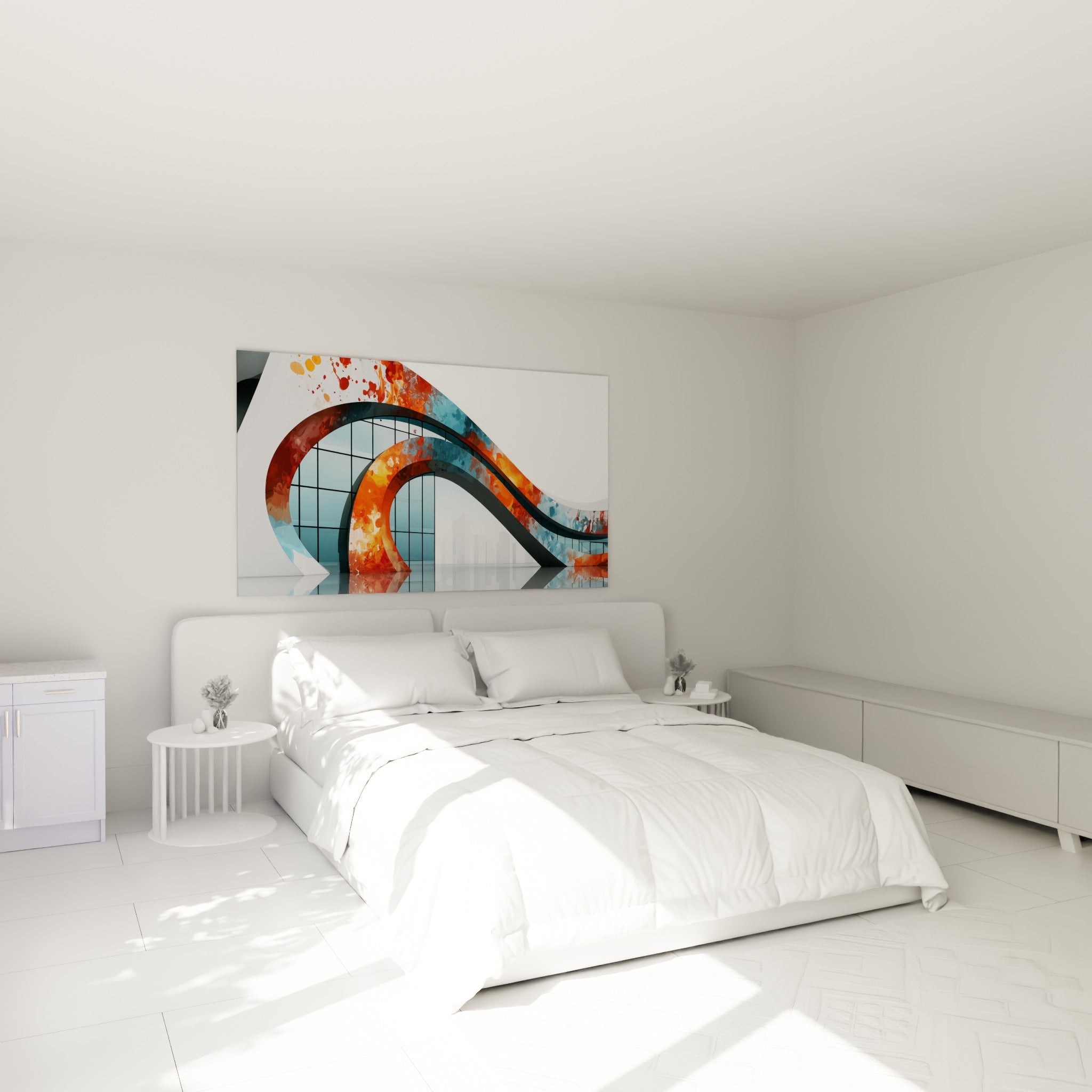 Vague orange et bleu marine d'une architecture abstraite au-dessus d'un lit dans une chambre claire