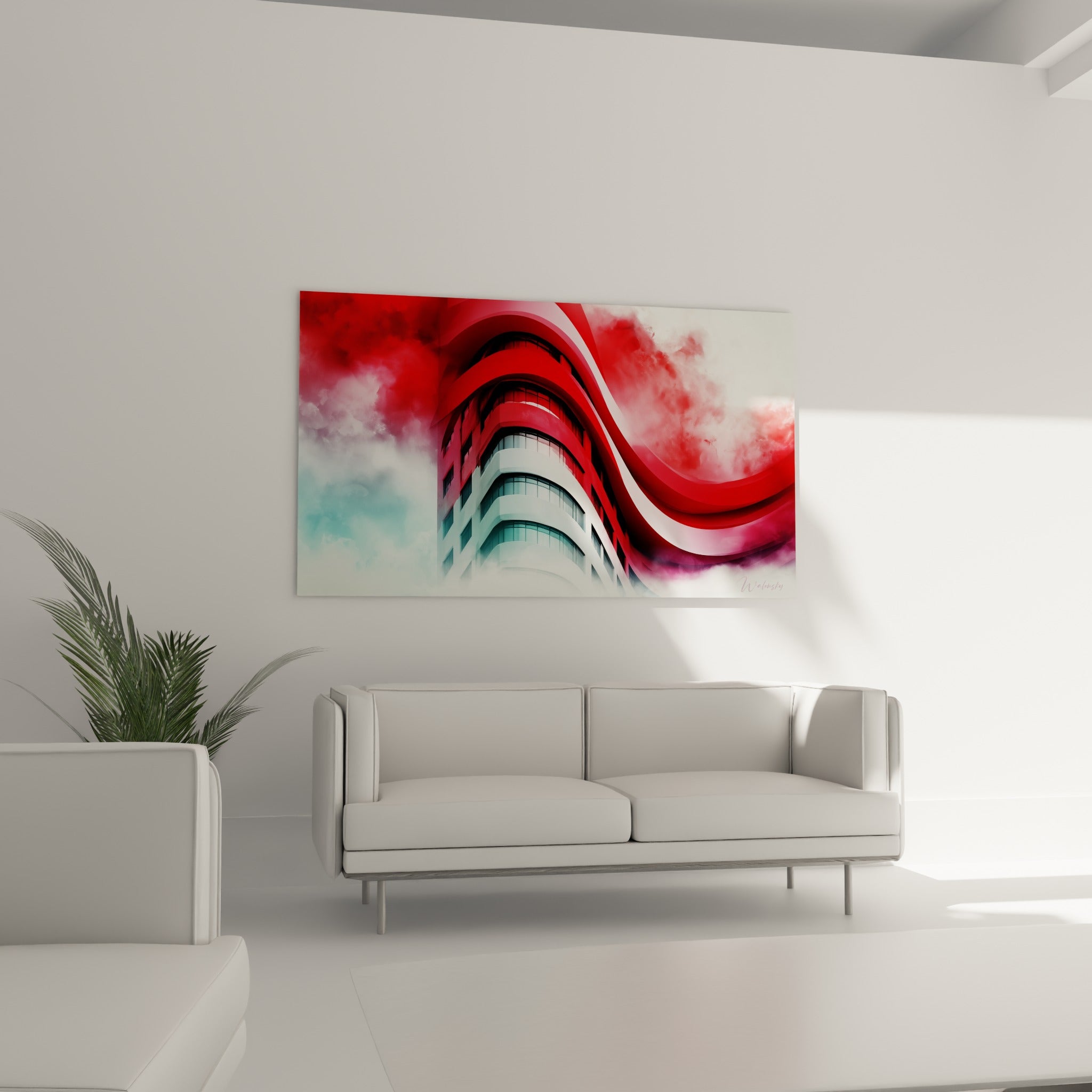 Bâtiment courbe entre blanc immaculé et rouge profond, au-dessus d'un canapé dans un salon lumineux