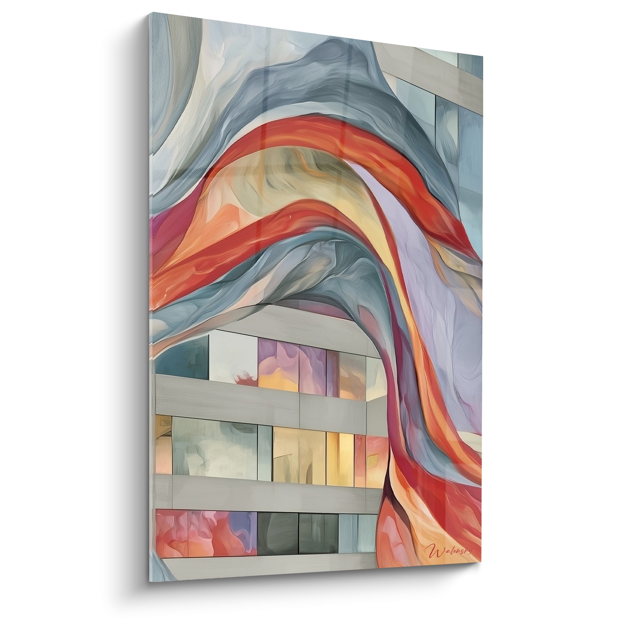 Façade architecturale traversée par une vague bleu ardoise et rouge terracotta en peinture abstraite