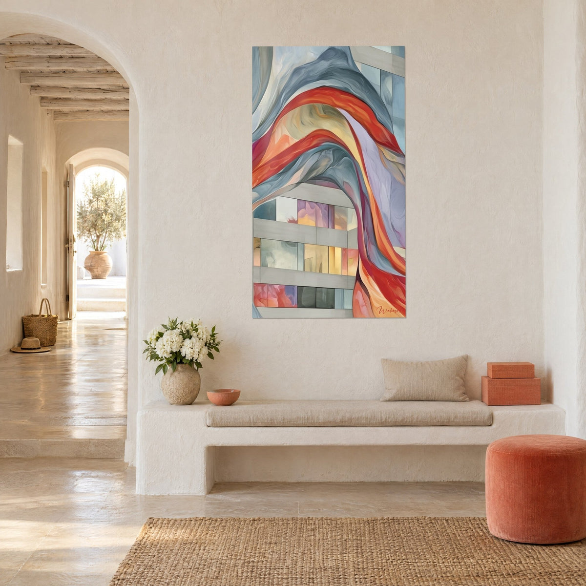 Tableau immeuble gris aux baies roses et jaunes drapé d'un ruban écarlate, sur un mur blanc près d'une banquette en pierre