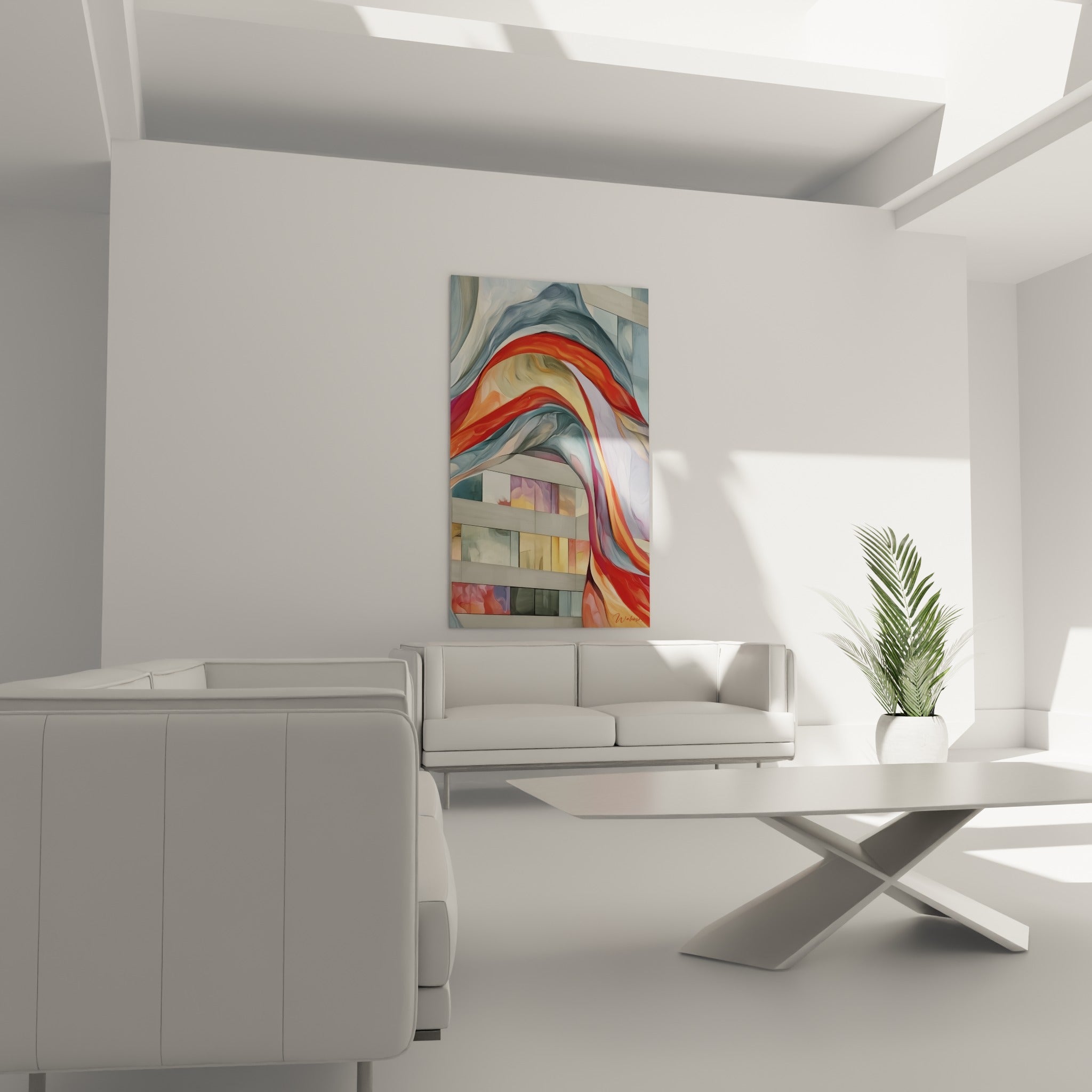 Composition architecturale ondulante aux tons orange et bleu ardoise, accrochée au-dessus d'un canapé dans un salon lumineux