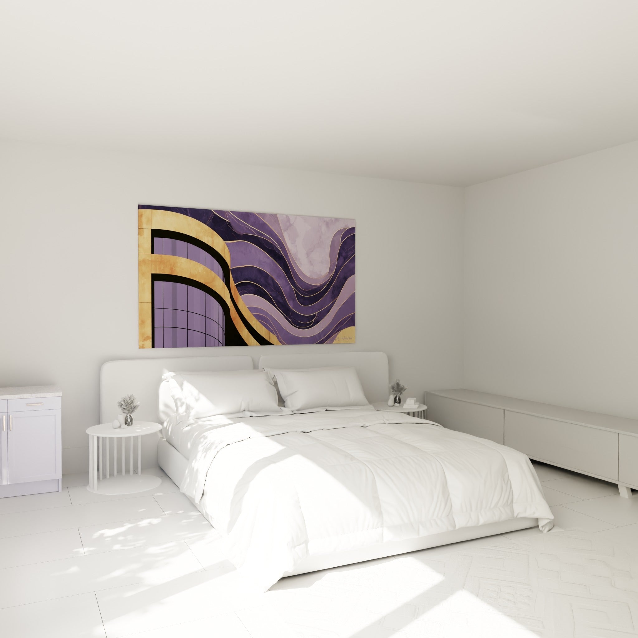 Vagues violettes et dorées d'une façade stylisée, tableau architecture abstraite au-dessus d'un lit dans une chambre claire