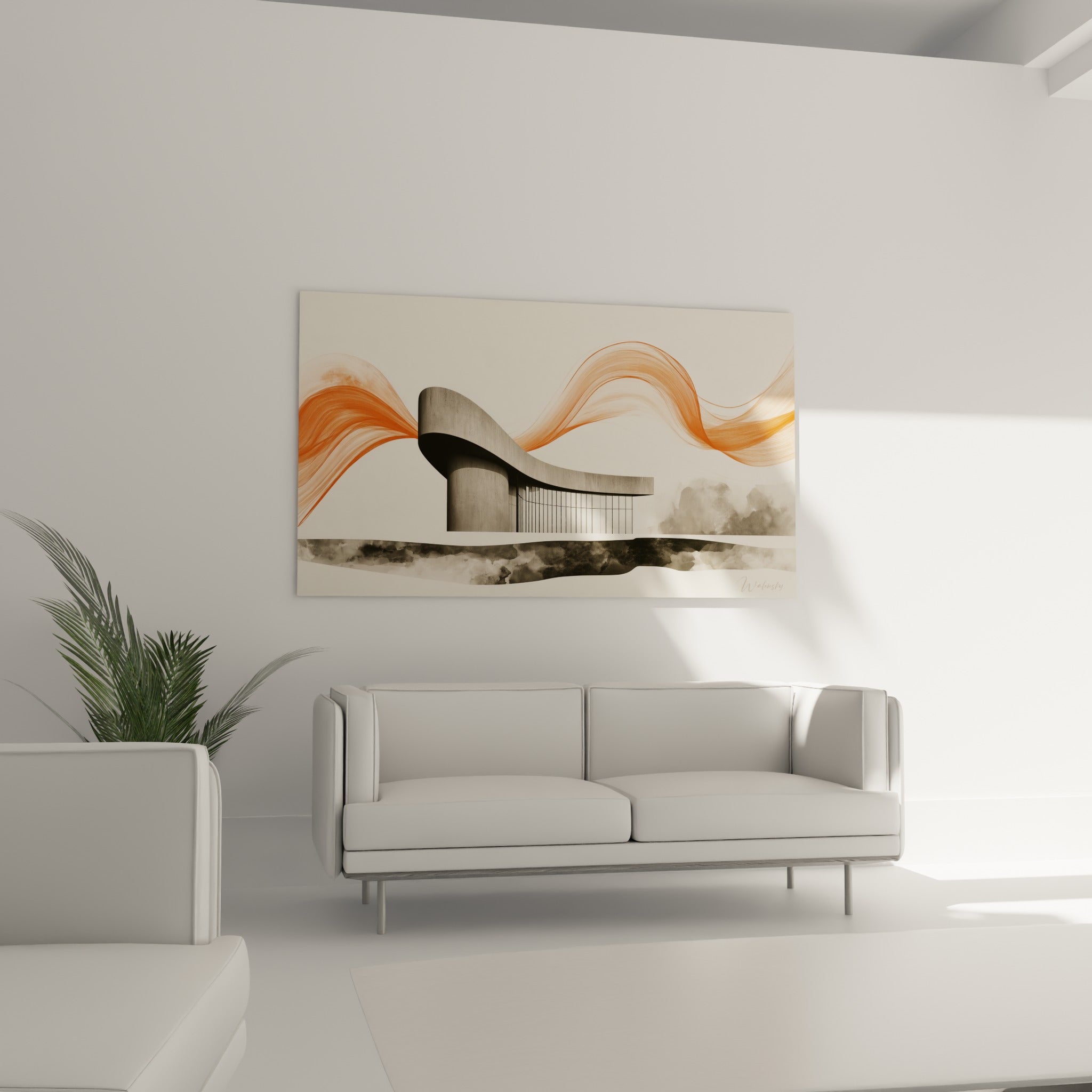 Béton anthracite et vagues orangées peintes au-dessus d'un canapé dans un salon lumineux