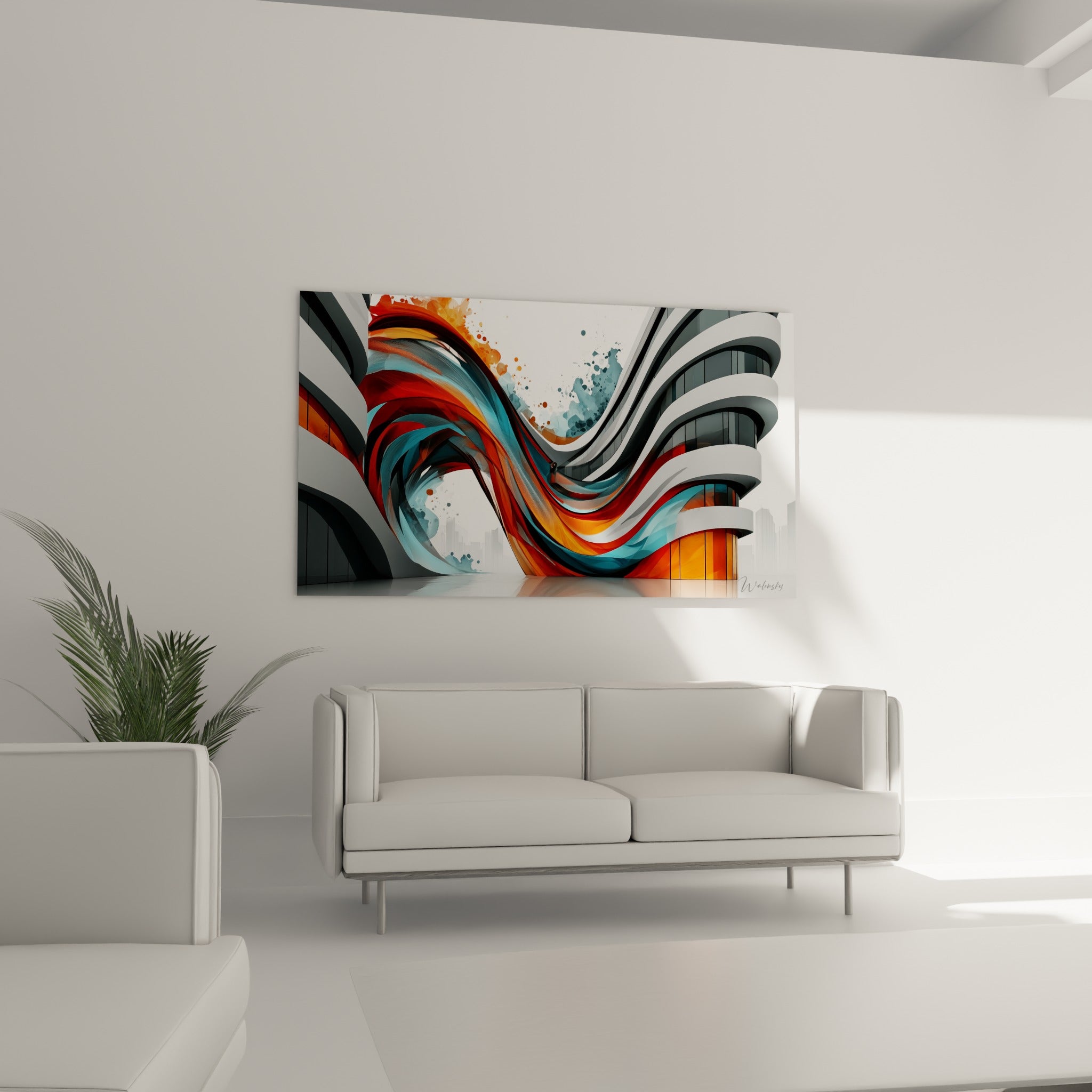 Vagues colorées rouge et turquoise sur structure urbaine grise, accrochée au-dessus d'un canapé dans un salon lumineux