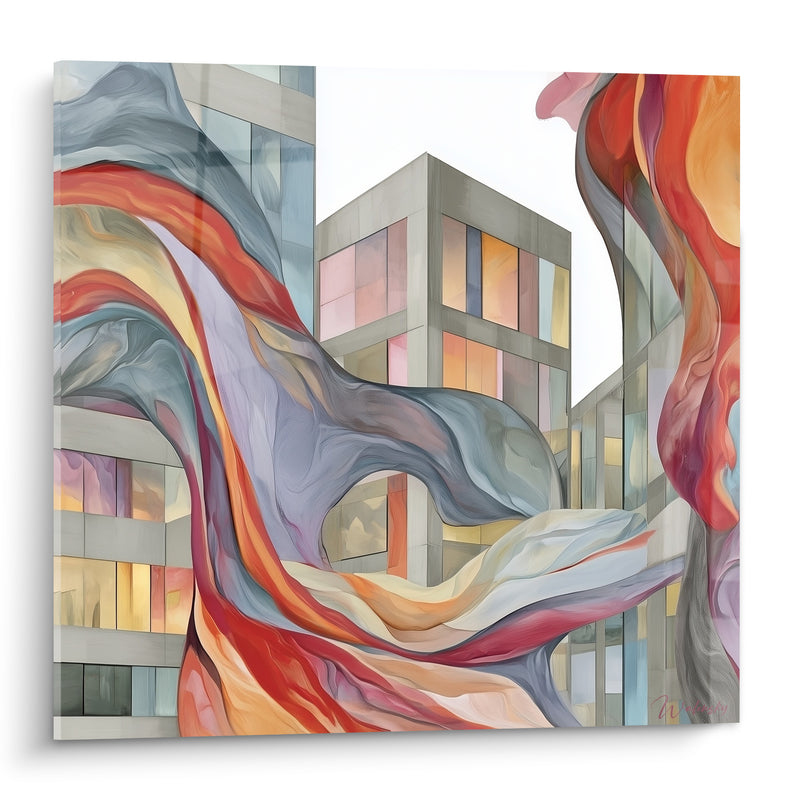 Gemälde Graue Gebäude durchzogen von roten Wellen - Urbaner Hauch - Architektur Edition Abstrakte