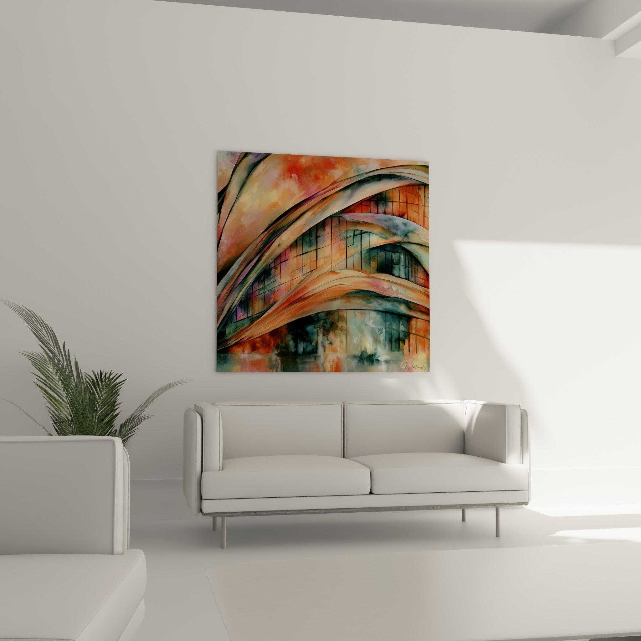 Structure courbe orangée et vert sarcelle installée au-dessus d'un canapé dans un salon lumineux