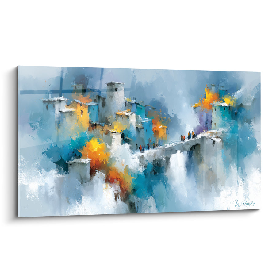 Gemälde Festungsdorf mit blauen und goldenen Türmen - Durchgang zur Stadt - Architektur Edition abstrakte Kunst
