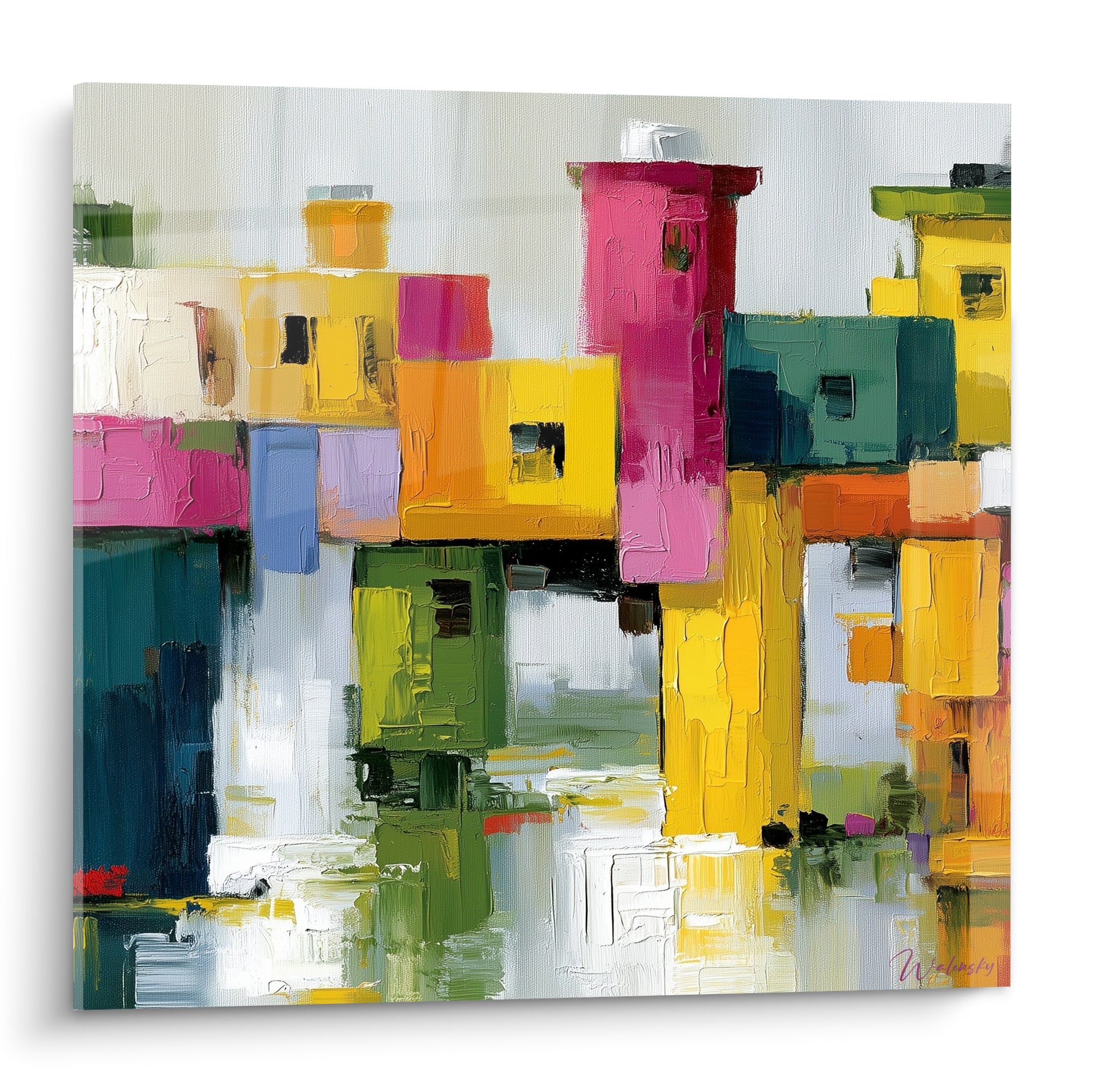 Architecture abstraite d'un village aux façades jaune doré, rose fuchsia et vert sauge peintes au couteau
