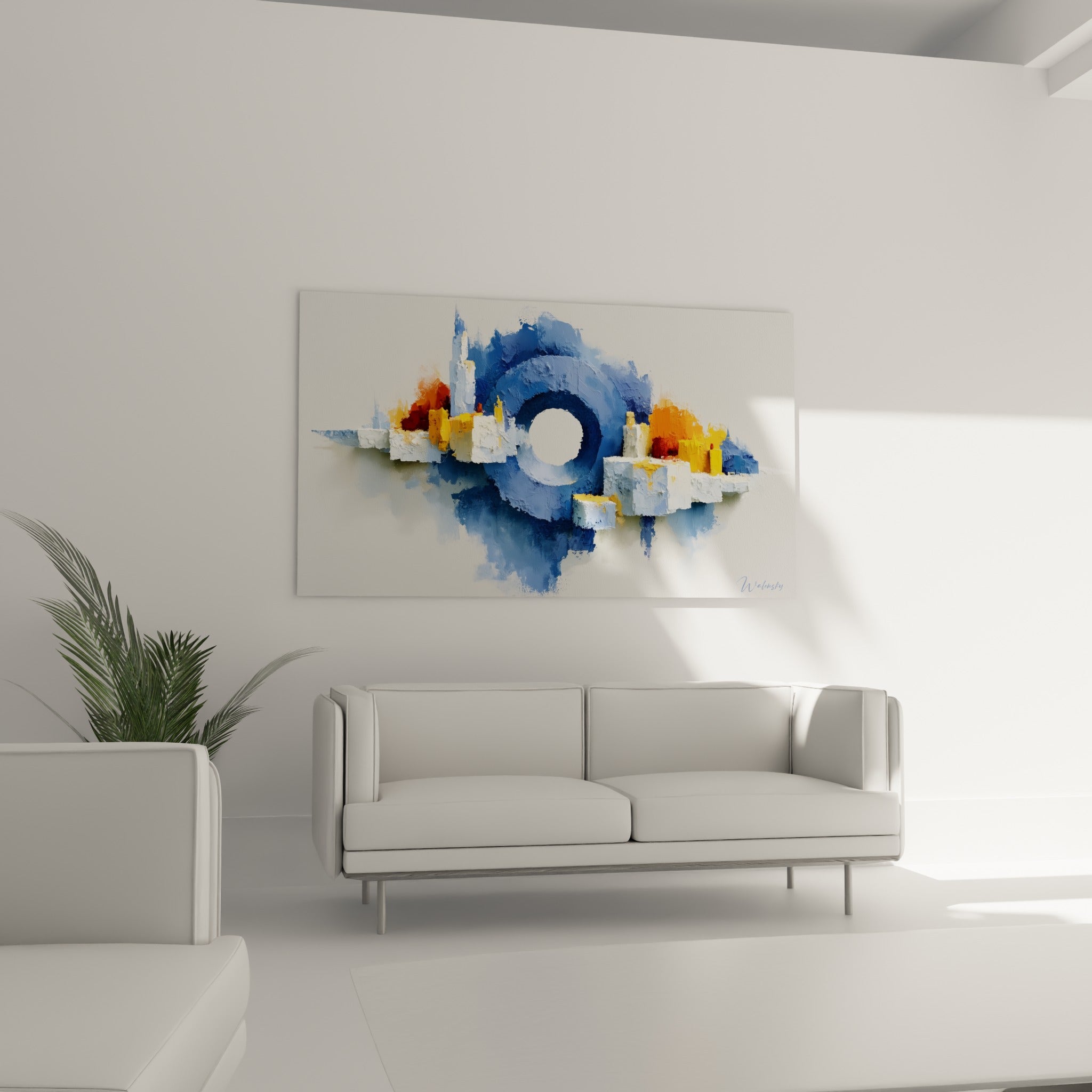Cité stylisée aux tons ocre et bleu profond, tableau architecture abstraite au-dessus d'un canapé dans un salon lumineux
