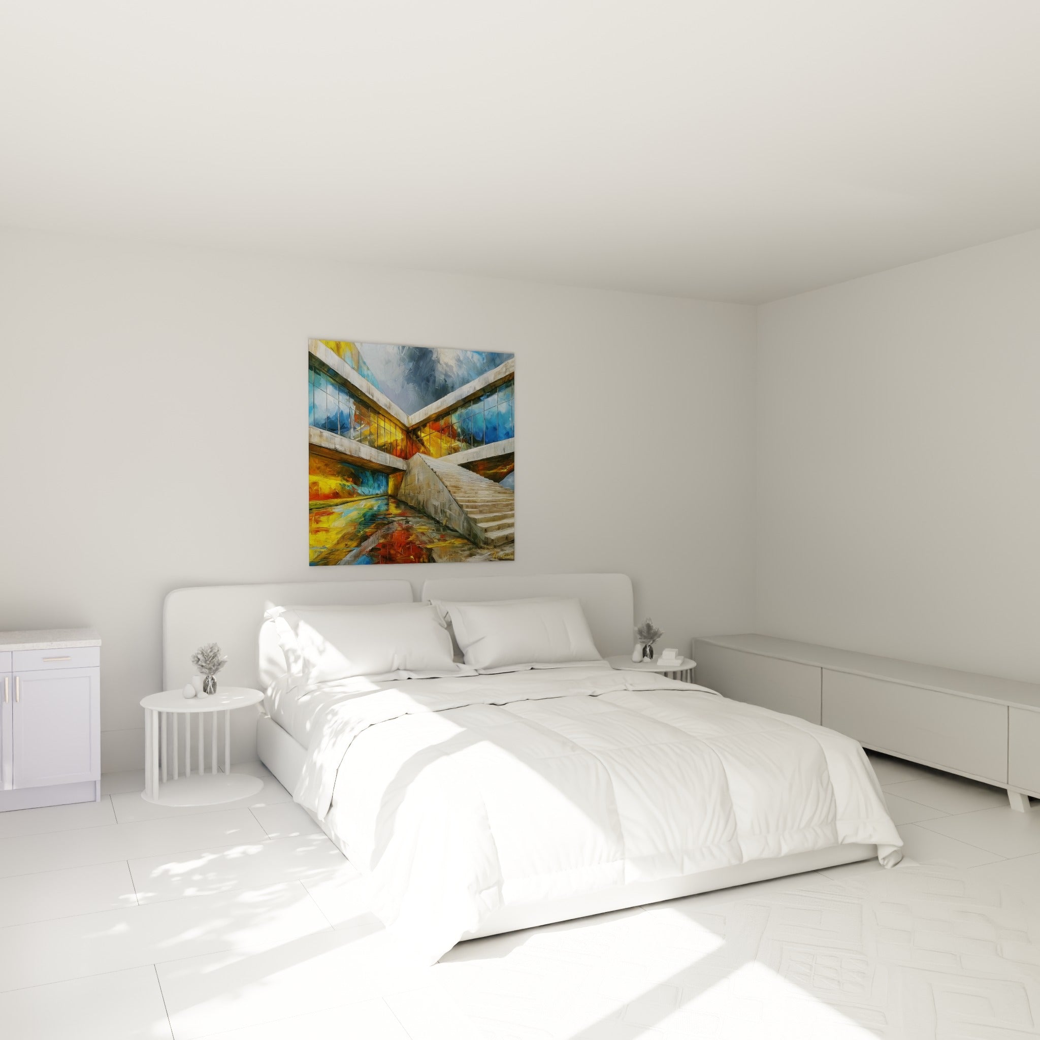 Perspective architecturale ocre et bleu profond au-dessus d'un lit dans une chambre claire