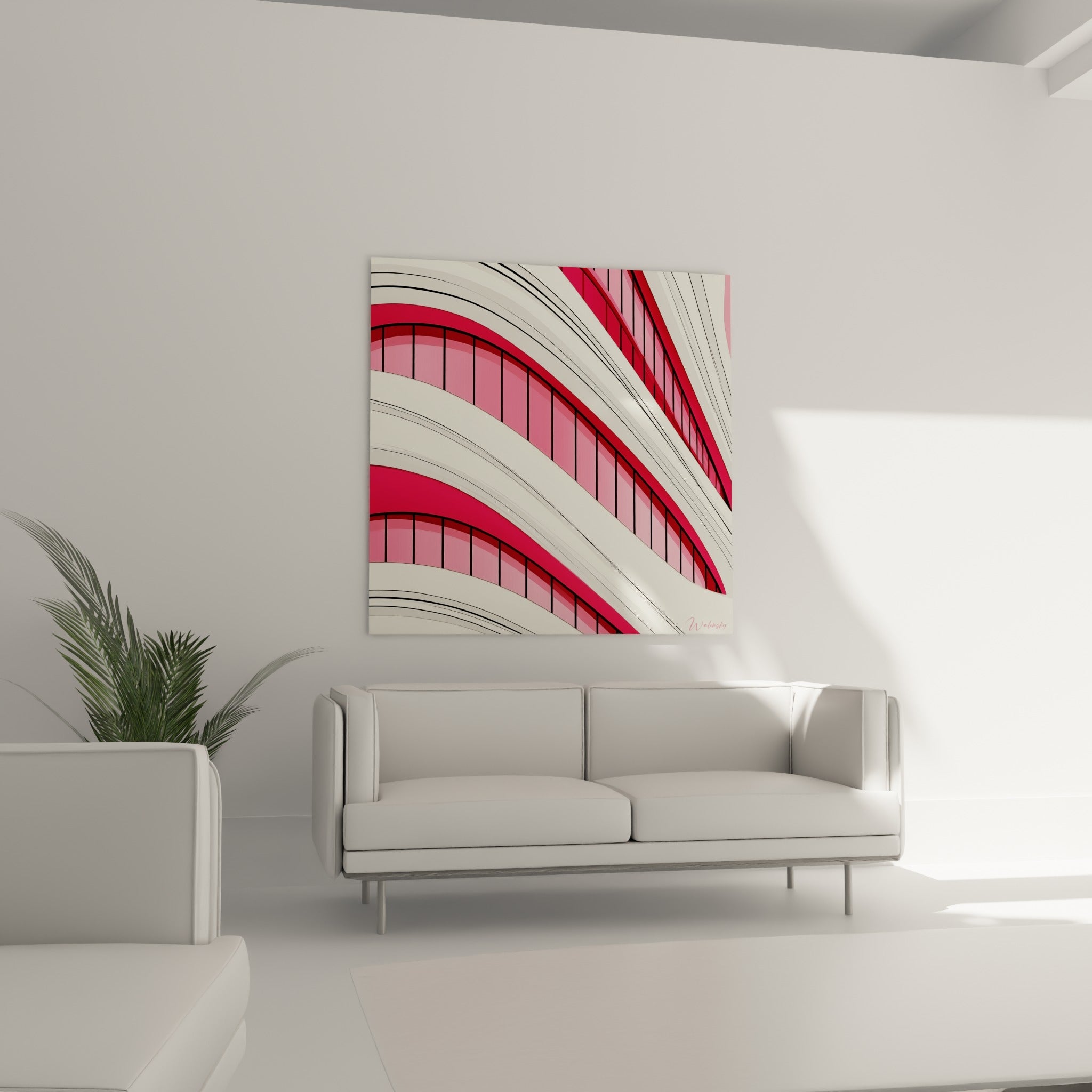Lignes courbes rose vif et crème d'une façade vitrée, suspendues au-dessus d'un canapé dans un salon lumineux