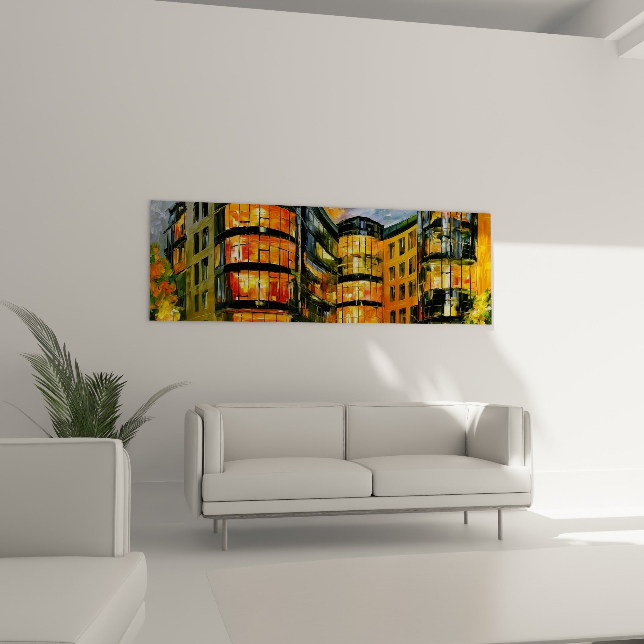 Immeubles vitrés ocre et bleu-gris de ce tableau architecture abstraite, au-dessus d'un canapé dans un salon lumineux