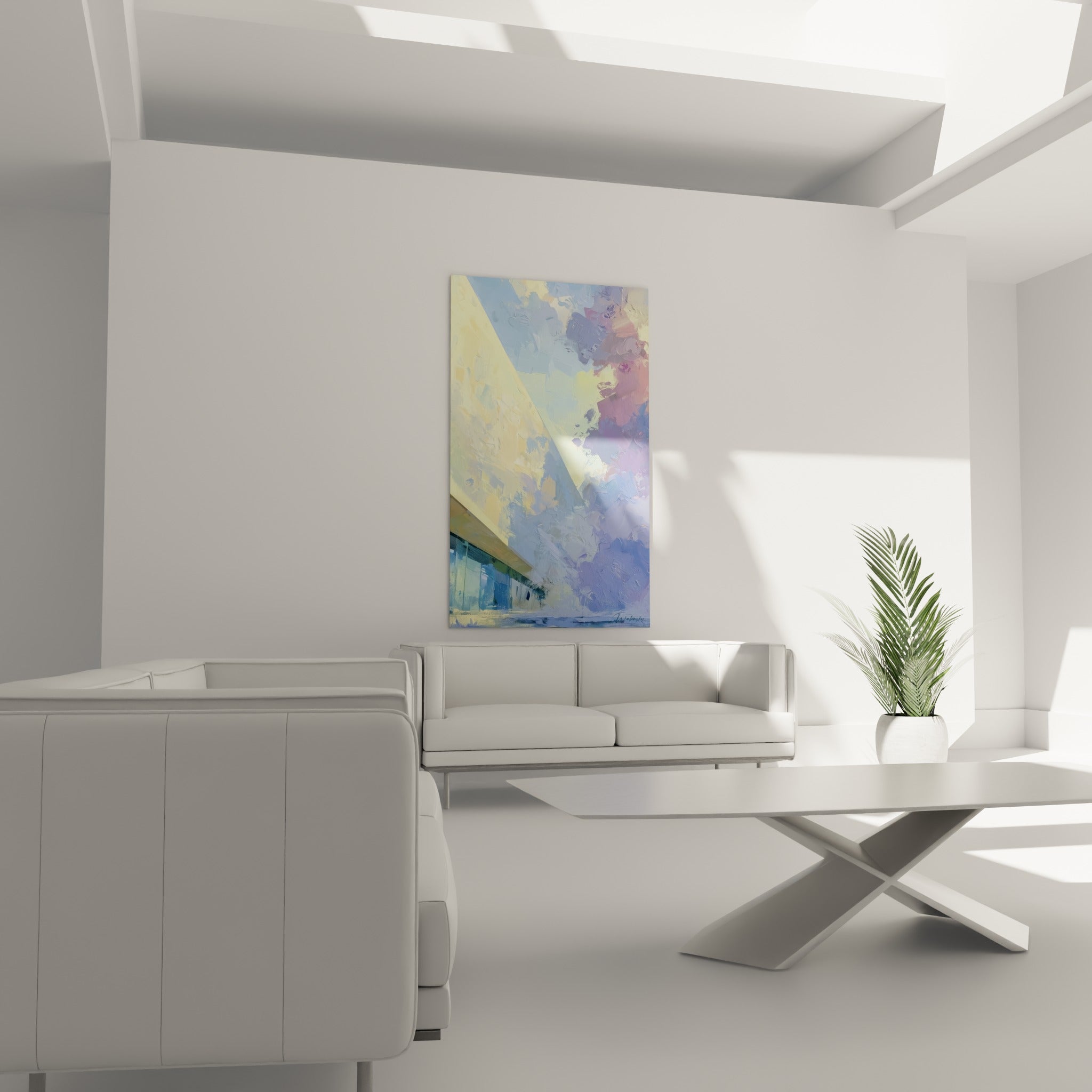 Bâtiment vitré bleu et ciel rose de ce tableau architecture abstraite au-dessus d'un canapé dans un salon lumineux