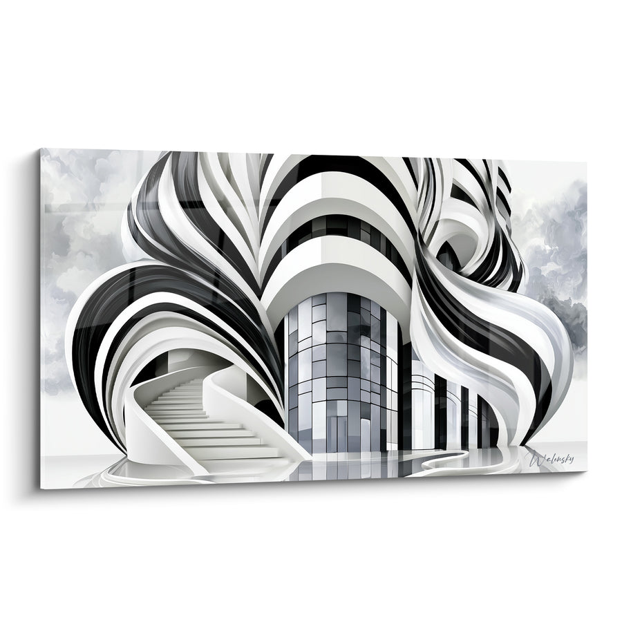 Tableau Bâtiment noir et blanc aux volutes tourbillonnantes - Escalier blanc en spirale - Edition Architecture abstrait