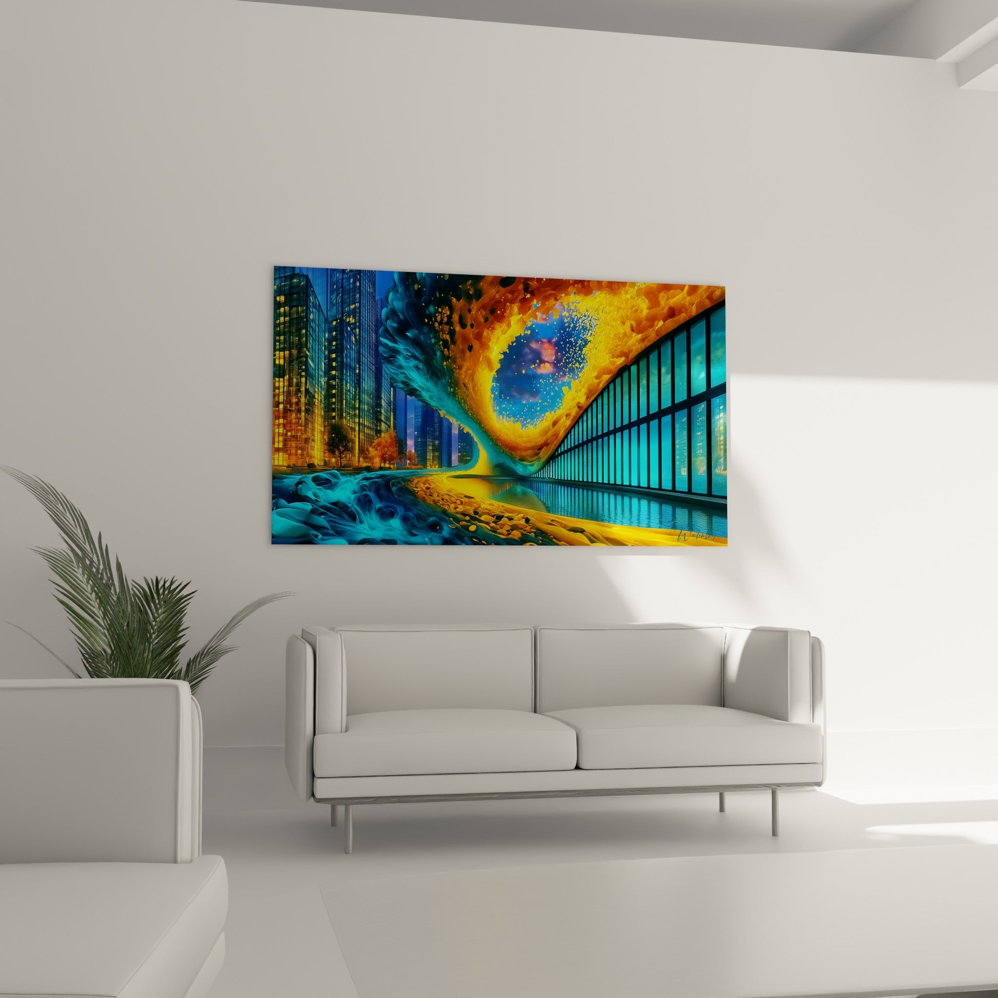 Gratte-ciels et vortex turquoise d'architecture abstraite fusionnant en diagonale, au-dessus d'un canapé dans un salon lumineux