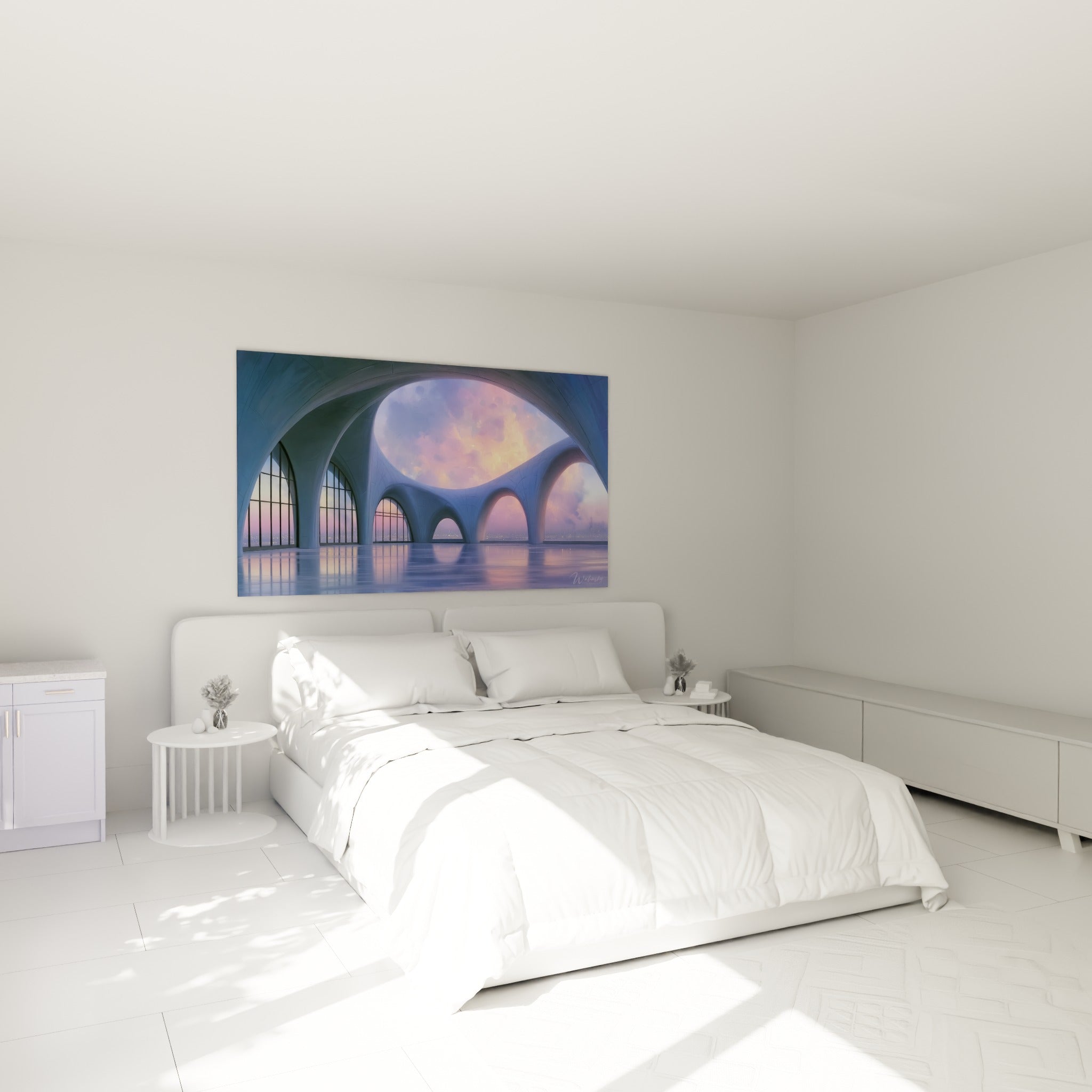 Voûtes anthracite et lueurs corail de ce tableau architecture abstraite au-dessus d'un lit dans une chambre claire