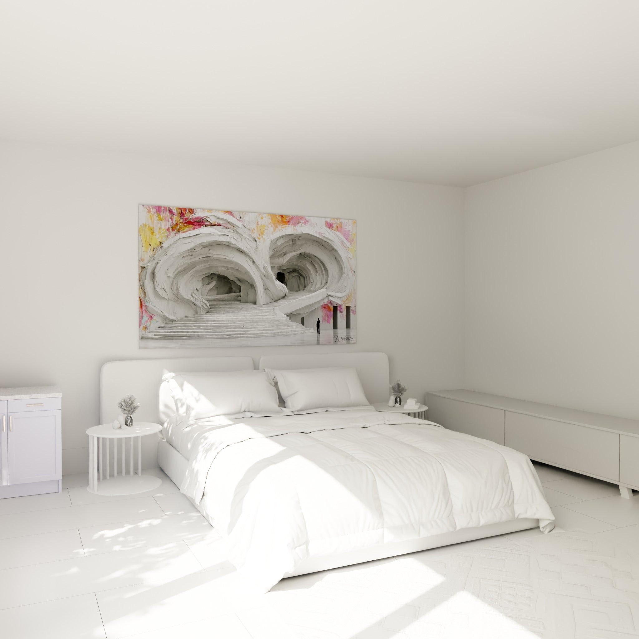 Voûtes blanches sculptées et taches roses dorées d'une œuvre accrochée au-dessus d'un lit dans une chambre claire