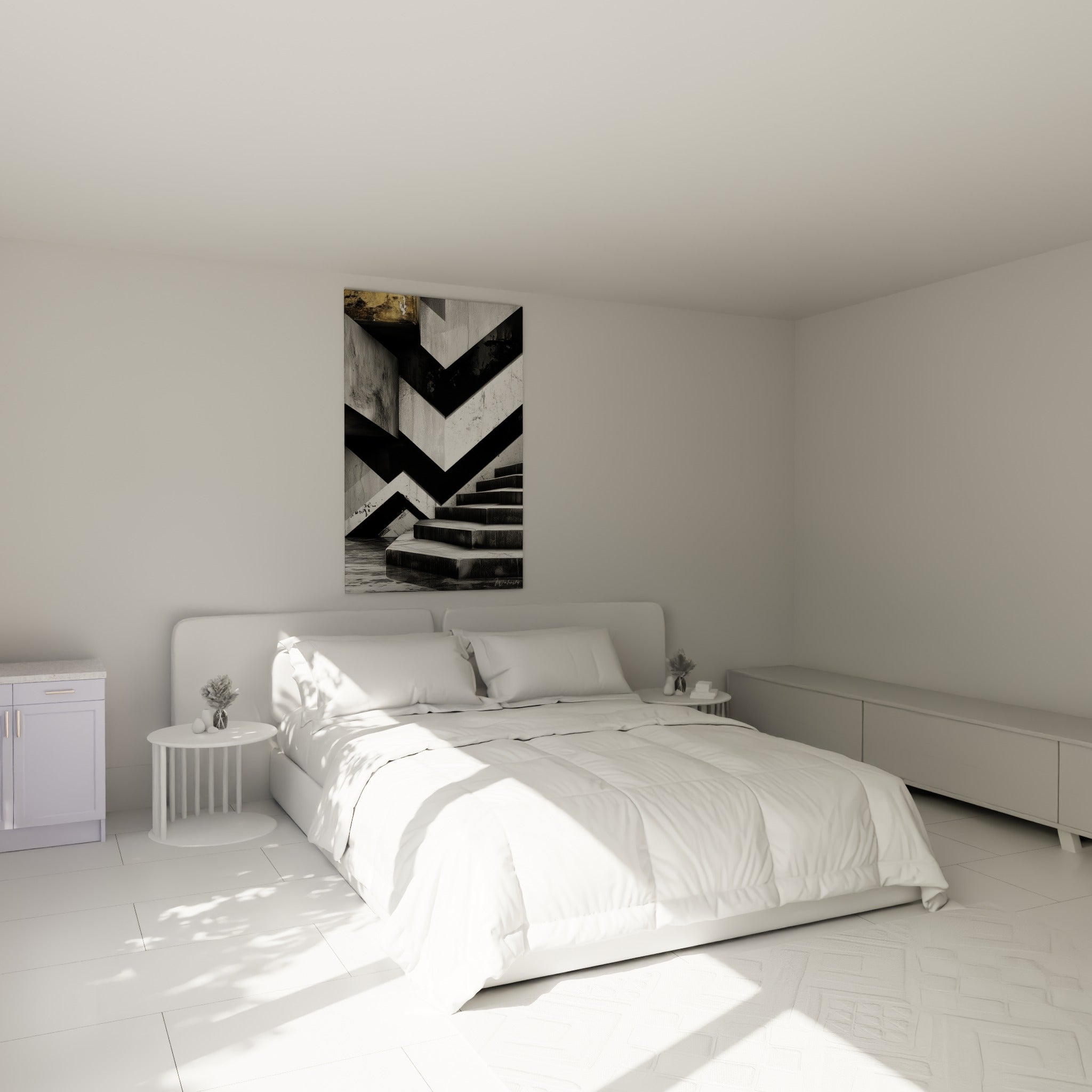 Marches anthracite et reflets dorés de cette architecture abstraite au-dessus d'un lit dans une chambre claire