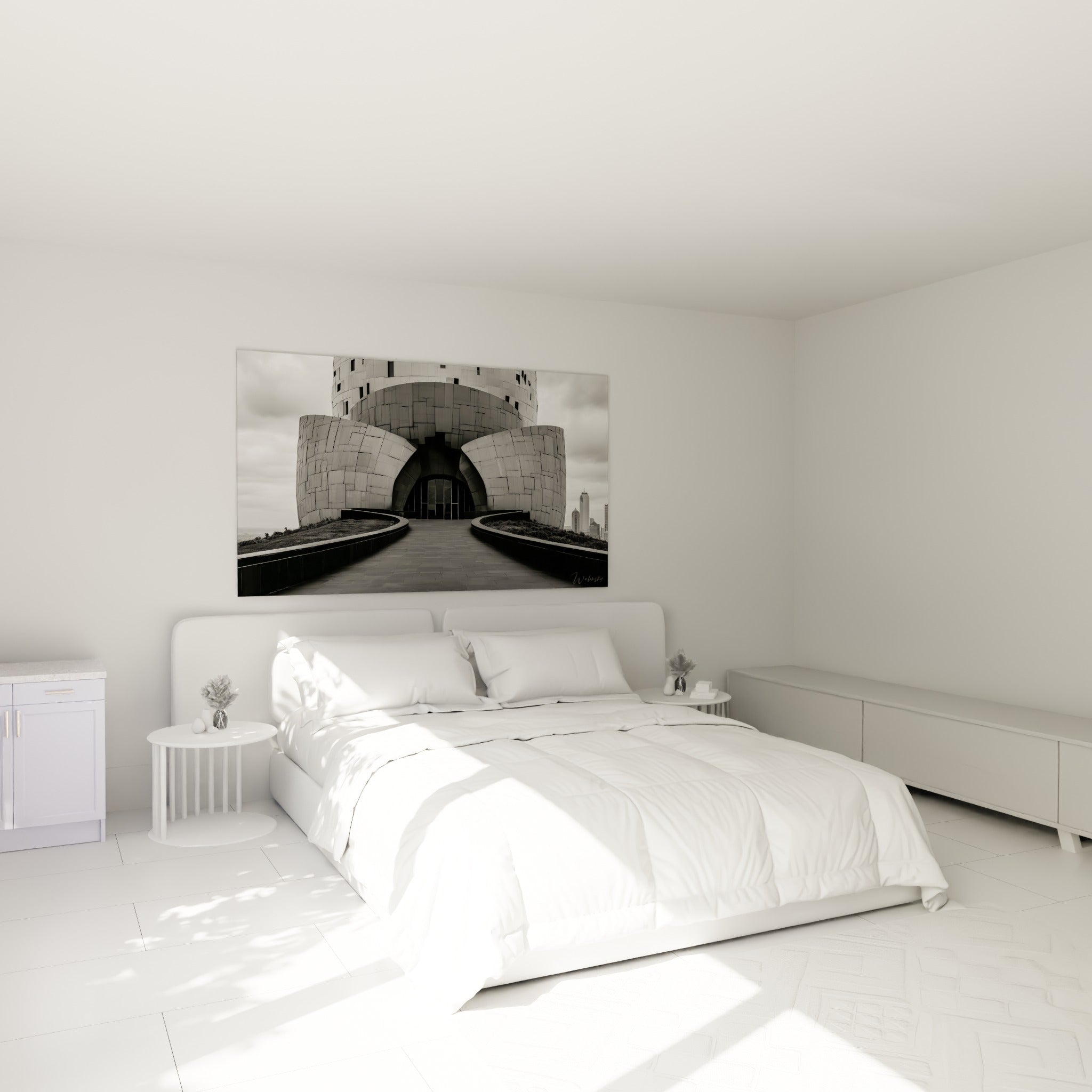 Bâtiment monumental anthracite et blanc au-dessus d'un lit dans une chambre claire