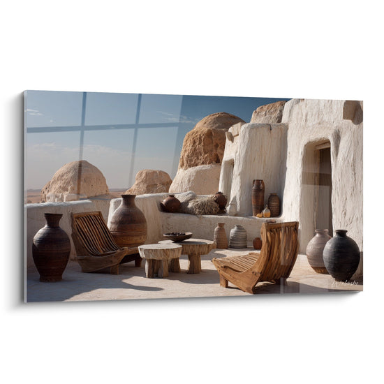 Schilderij Berberarchitectuur - Traditioneel Tunesisch Terras - Afrikaanse Landschappen editie