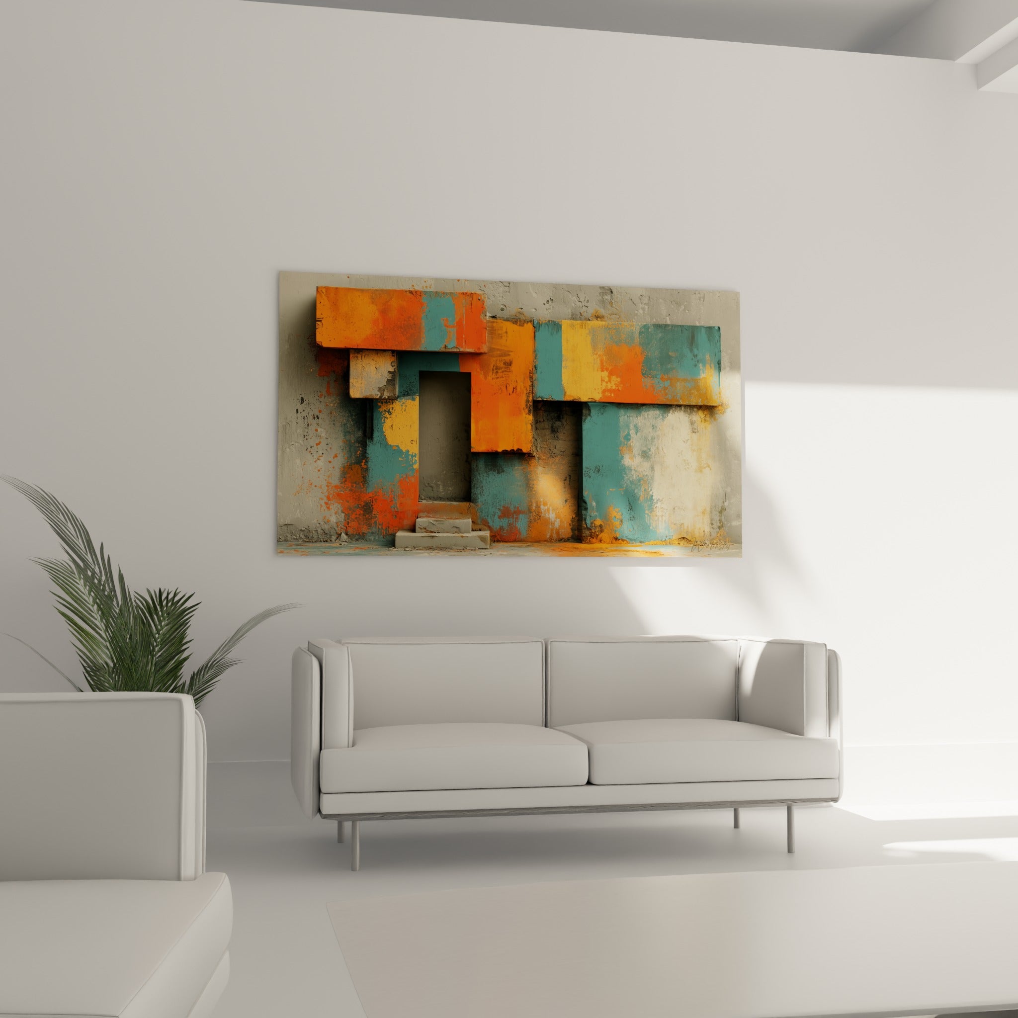 Blocs colorés orange rouille et bleu sarcelle patinés au-dessus d'un canapé dans un salon lumineux