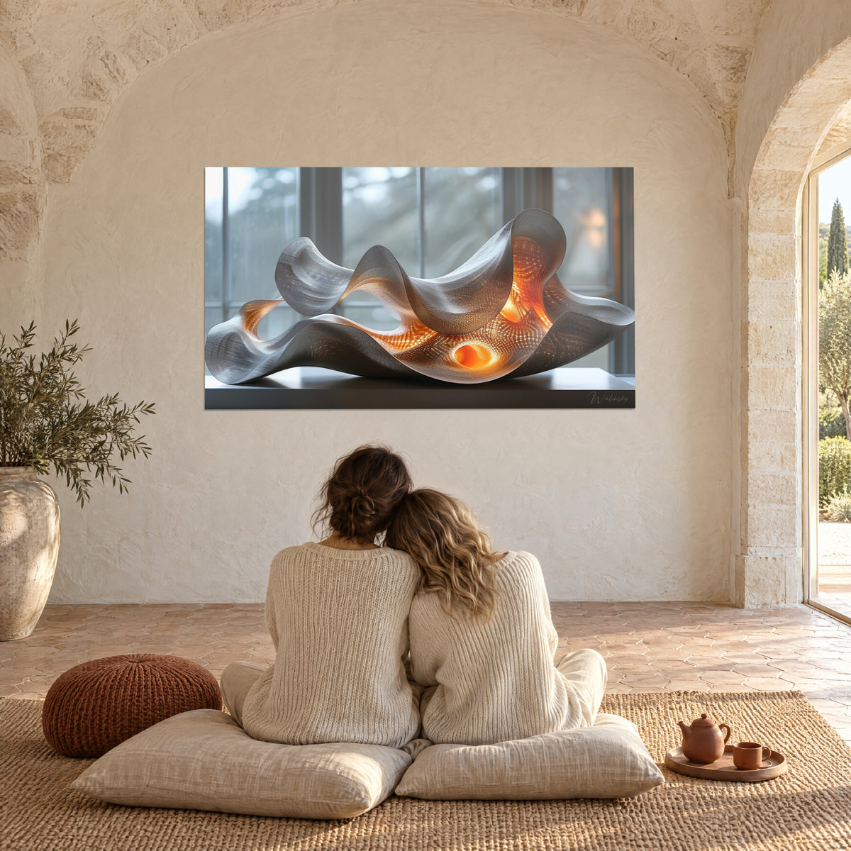 Wall art of a fluid form in halftone metal, glowing orange hearts and grey steel, two people embracing from behind on cushions