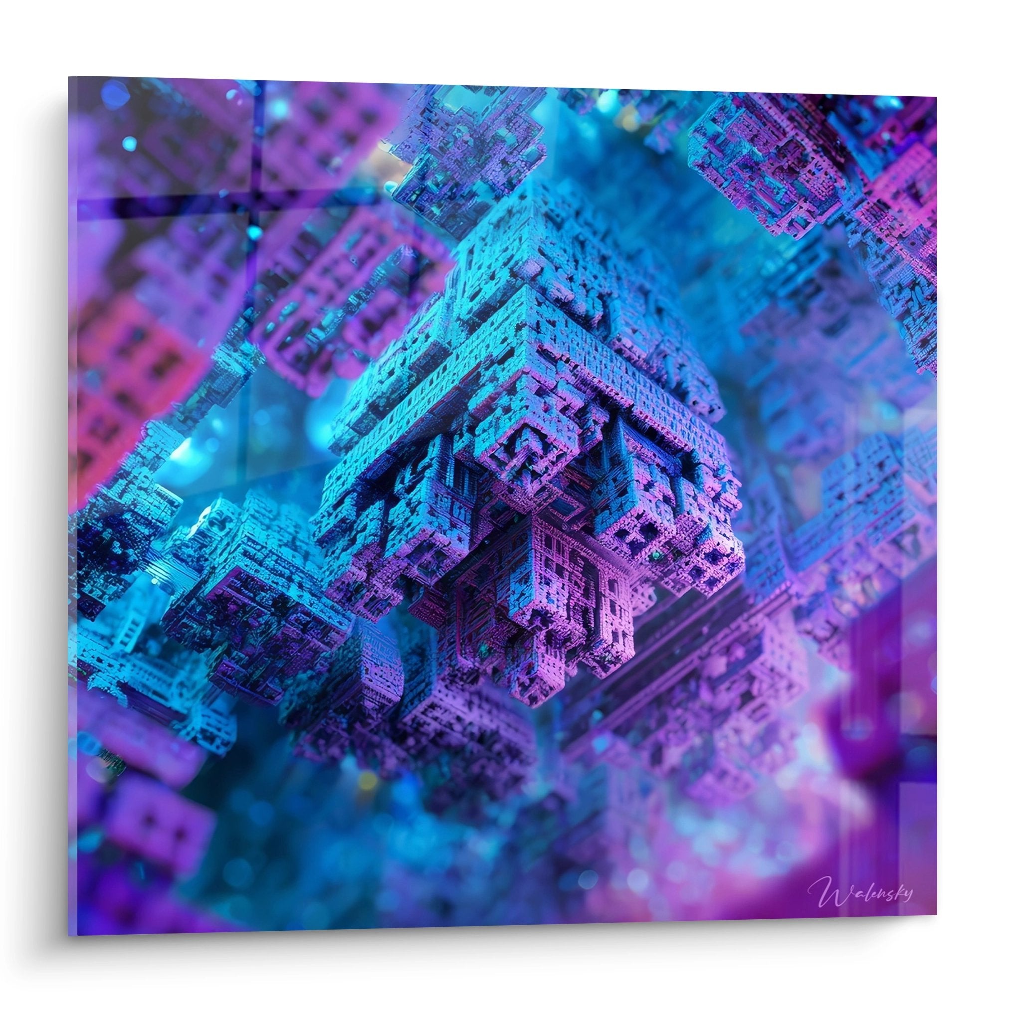 Tableau mural architecture cyberpunk tons cyan violet cité futuriste 3D art numérique abstrait